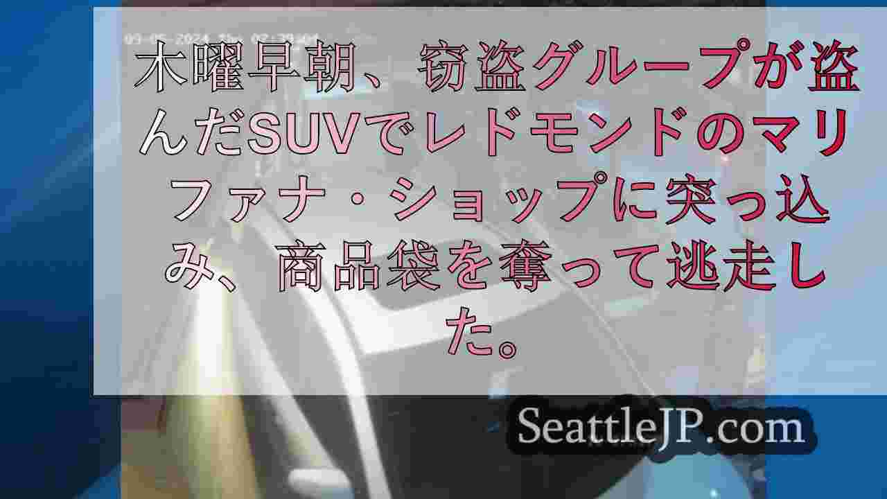窃盗団、盗んだSUVをレドモンドのマリファナ・ショップに突っ込む。