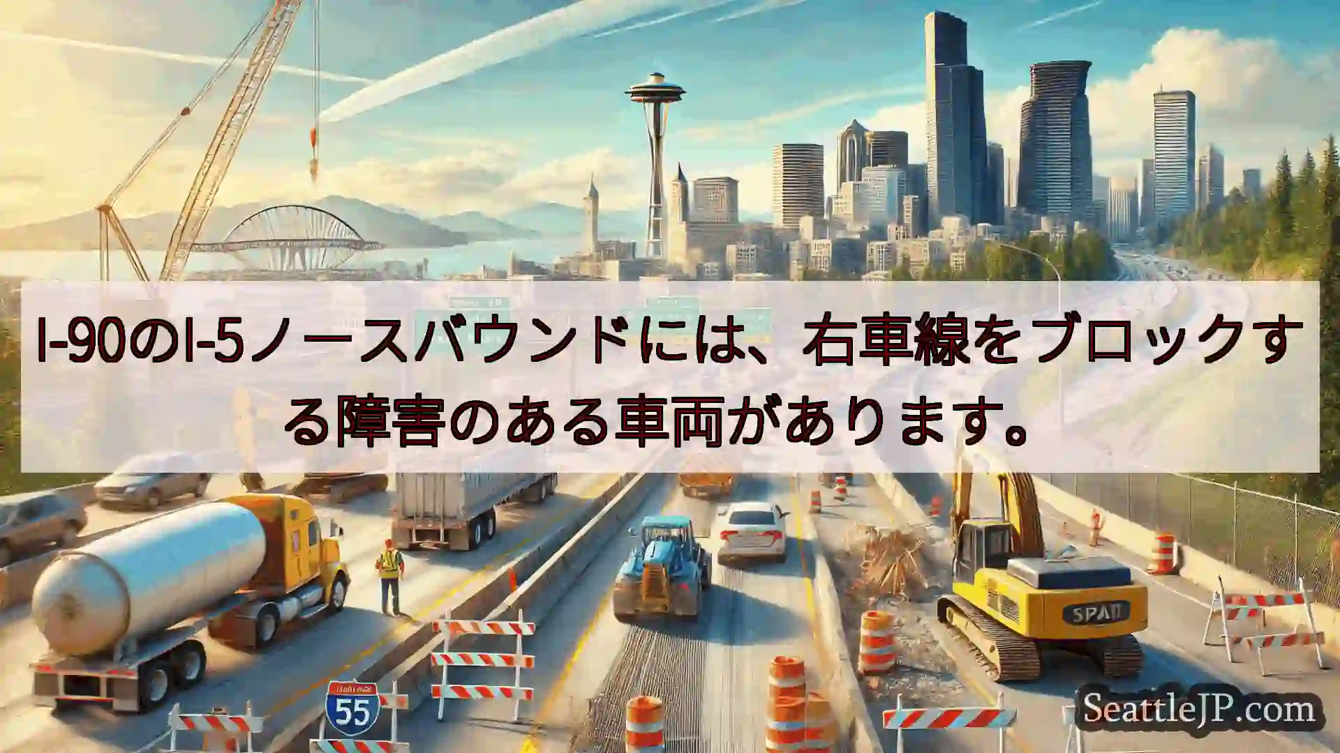 シアトル交通ニュース I-90のI-5ノースバウンドには、右車線をブロックする障害のある車両
