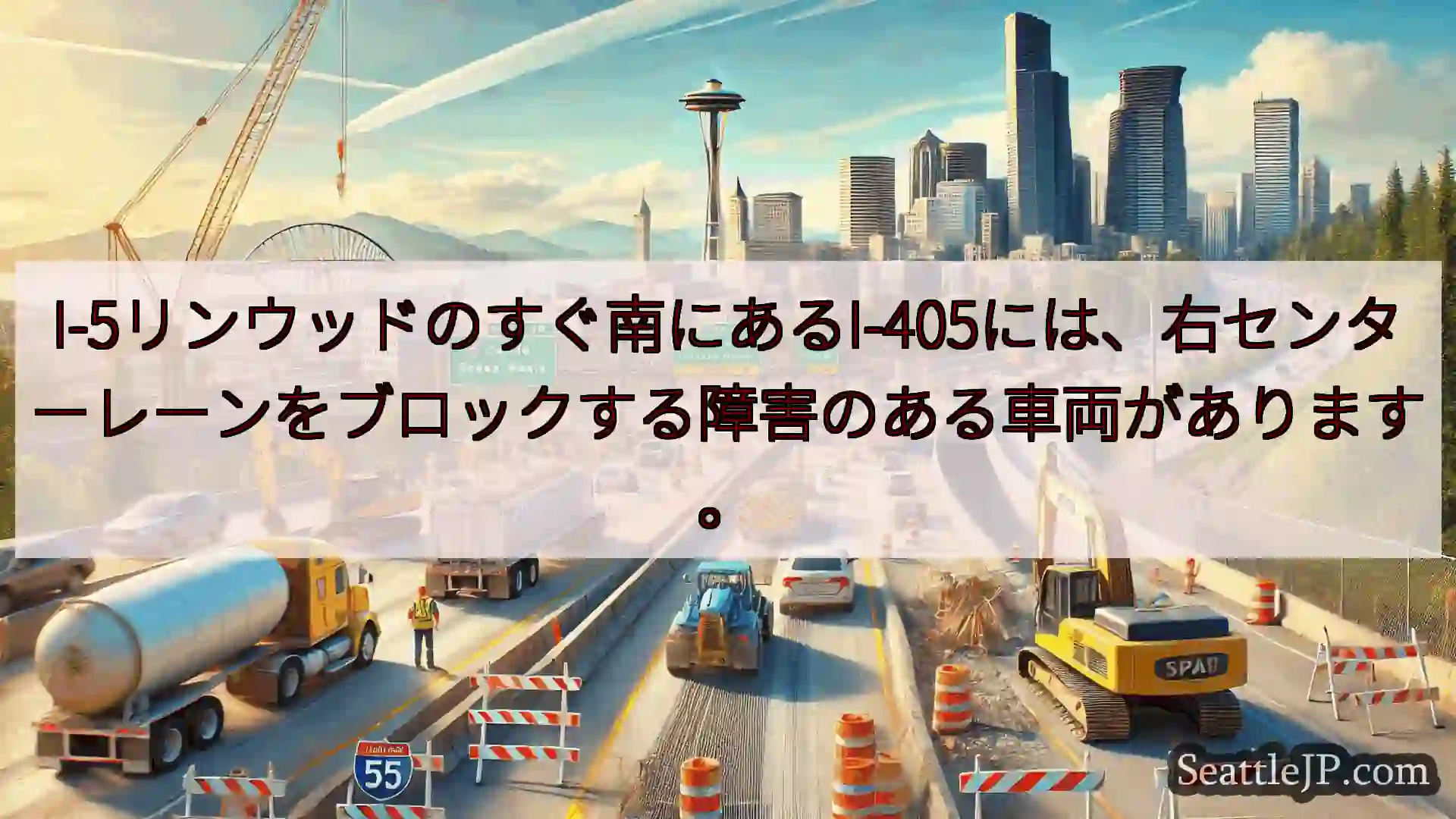 シアトル交通ニュース I-5リンウッドのすぐ南にあるI-405には、右センターレーンをブロッ