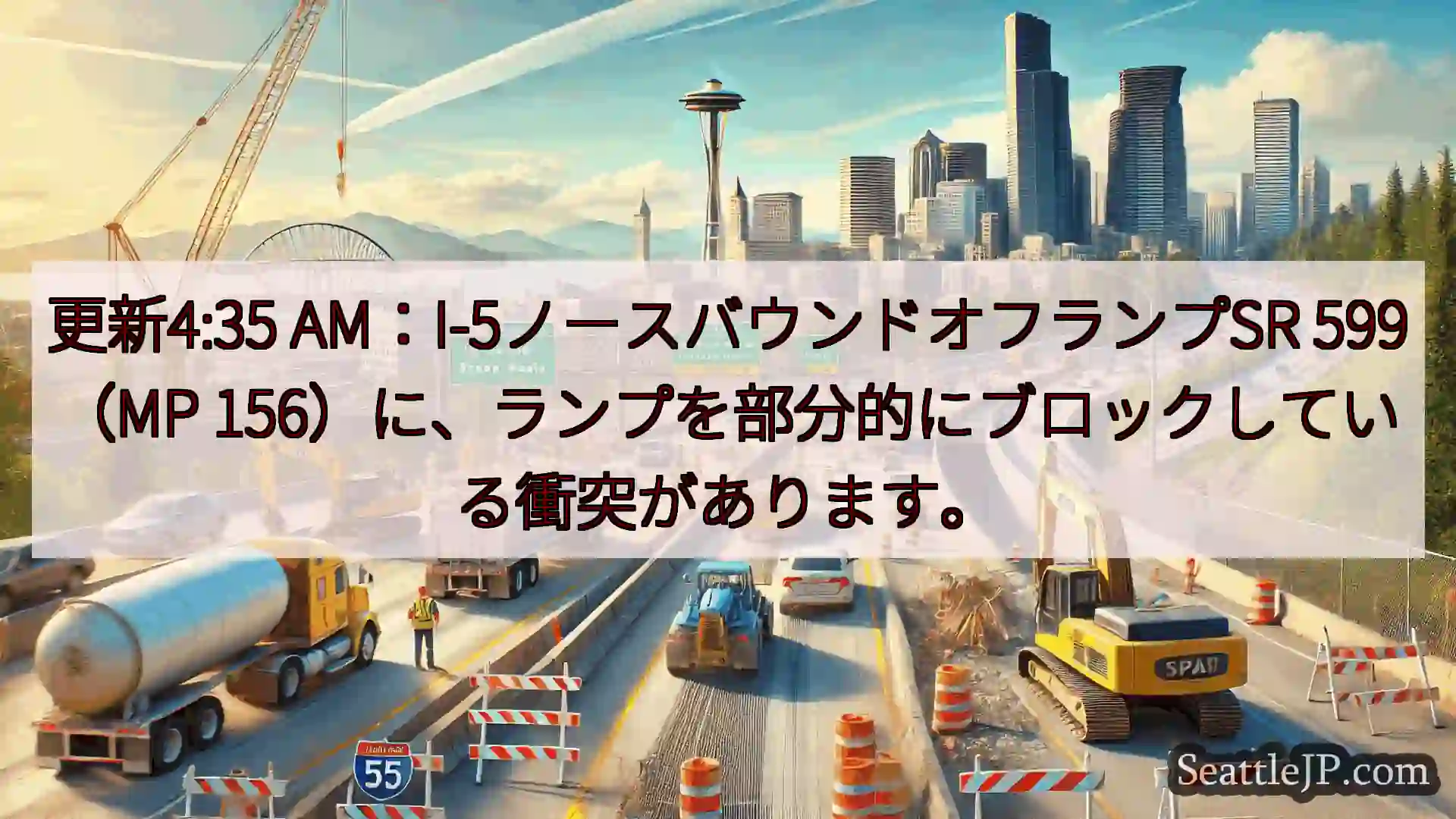 シアトル交通ニュース 更新4:35 AM：I-5ノースバウンドオフランプSR 599（MP