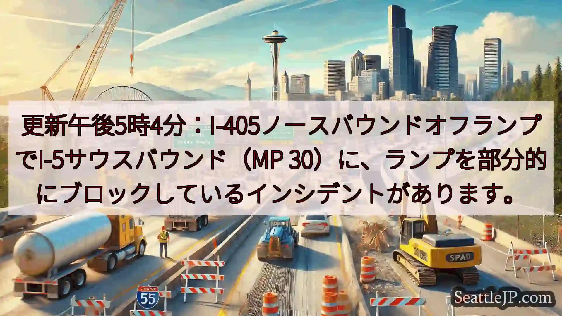 シアトル交通ニュース 更新午後5時4分：I-405ノースバウンドオフランプでI-5サウスバウ