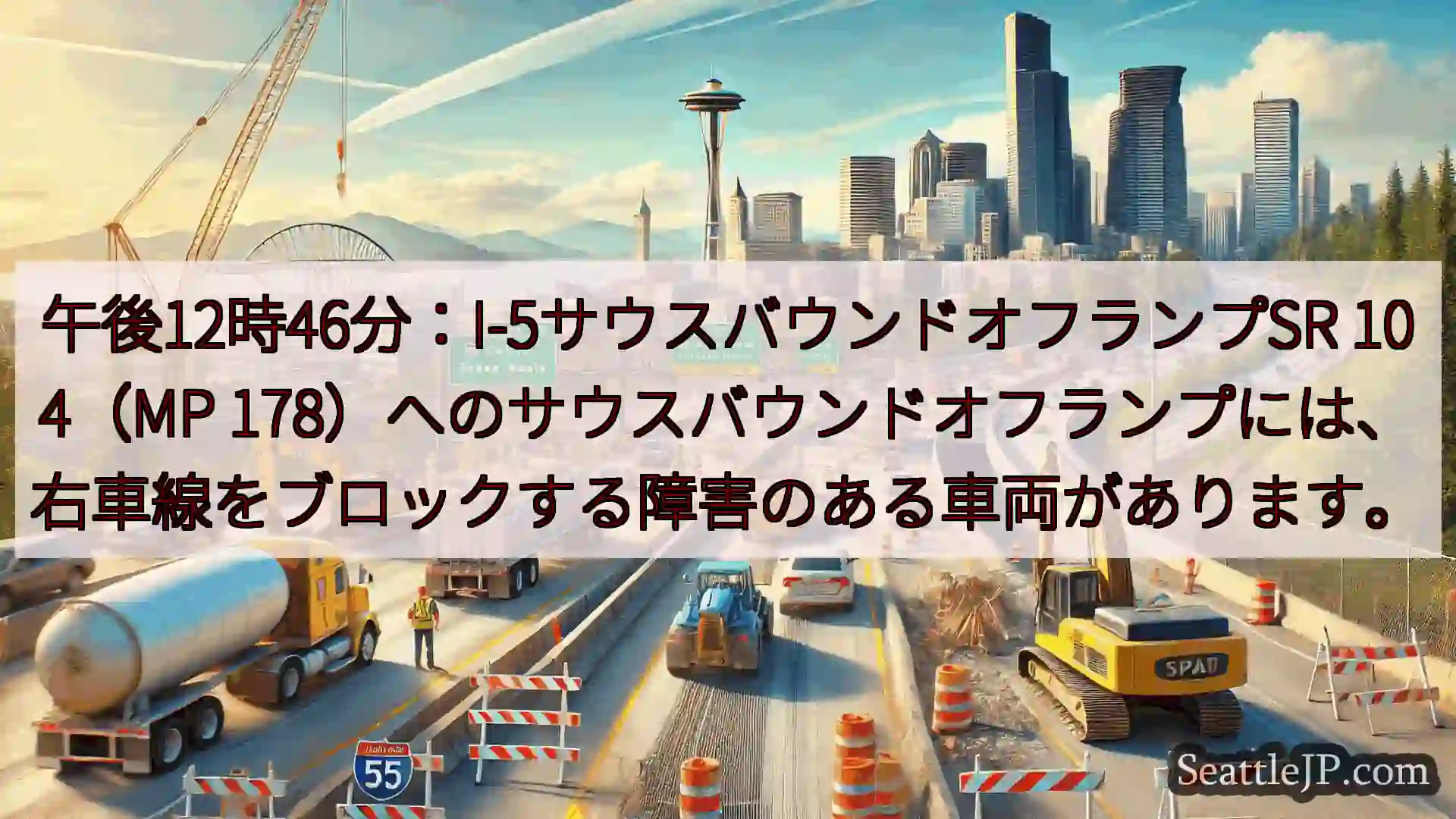 シアトル交通ニュース 午後12時46分：I-5サウスバウンドオフランプSR 104（MP