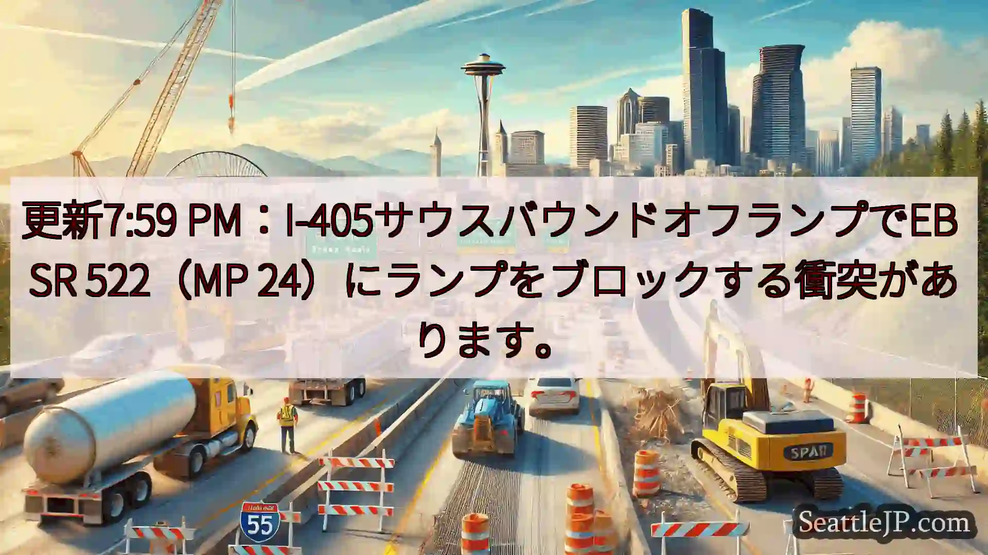 シアトル交通ニュース 更新7:59 PM：I-405サウスバウンドオフランプでEB SR