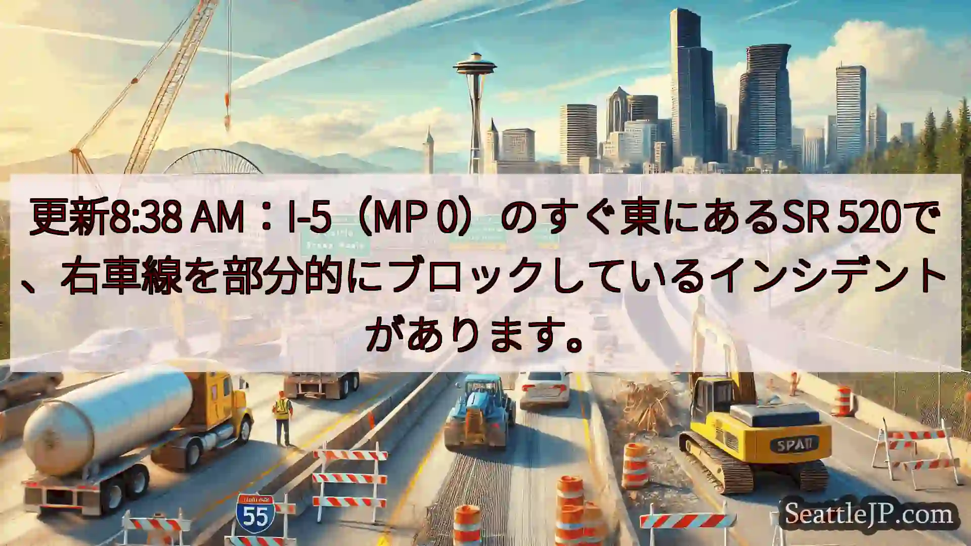 シアトル交通ニュース 更新8:38 AM：I-5（MP 0）のすぐ東にあるSR