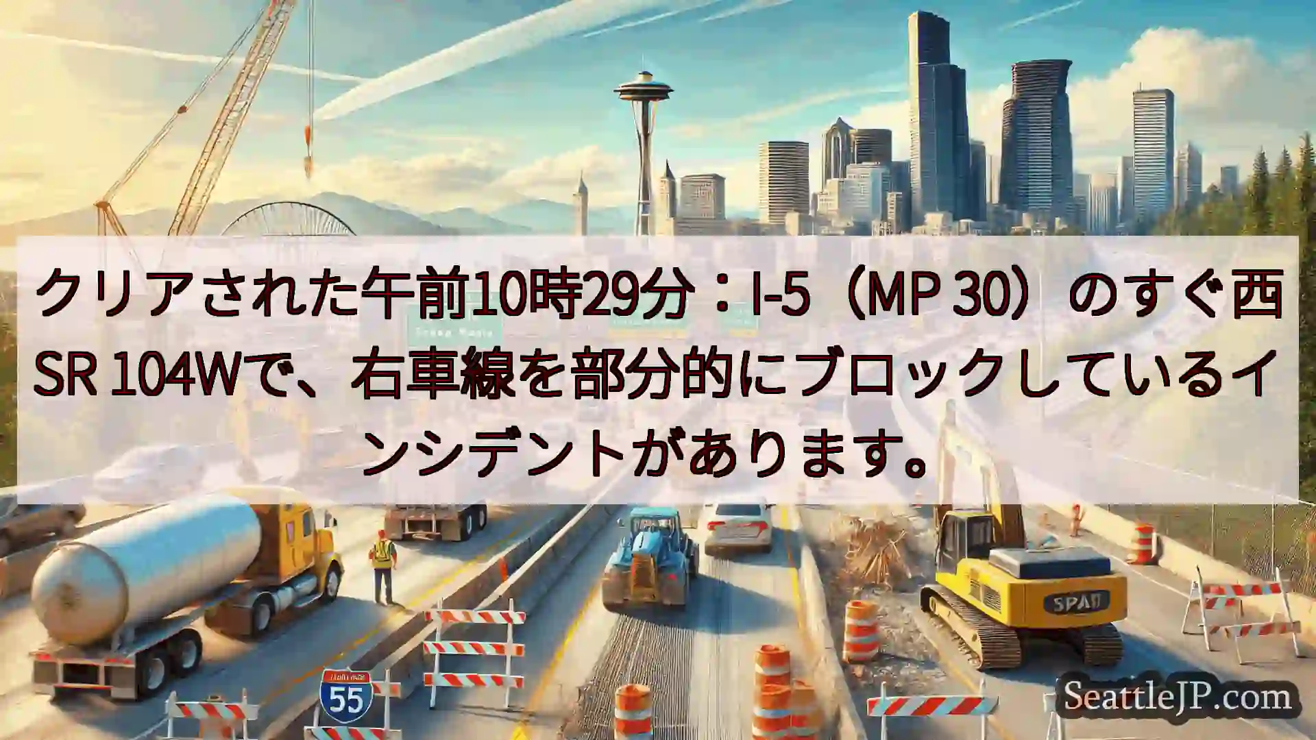 シアトル交通ニュース クリアされた午前10時29分：I-5（MP 30）のすぐ西SR