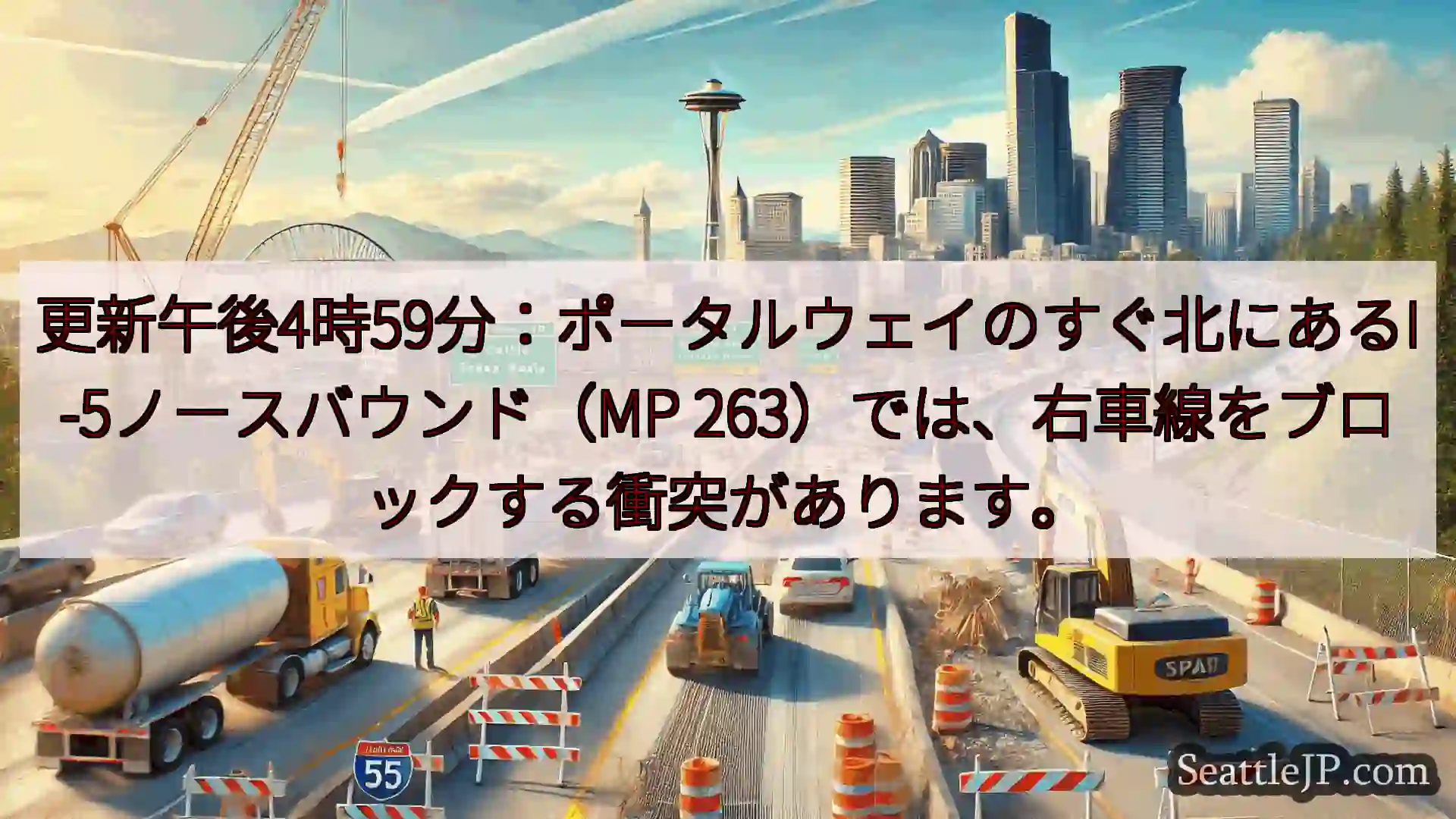 シアトル交通ニュース 更新午後4時59分：ポータルウェイのすぐ北にあるI-5ノースバウンド（