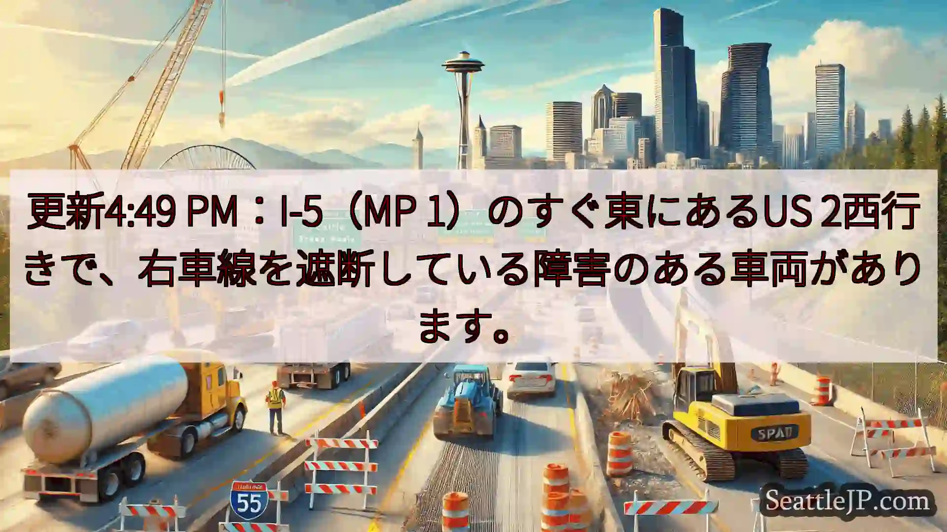 シアトル交通ニュース 更新4:49 PM：I-5（MP 1）のすぐ東にあるUS