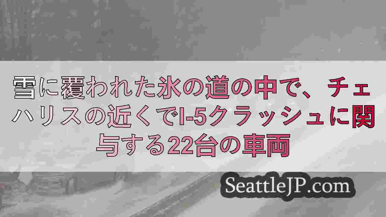 雪に覆われた氷の道の中で、チェハリスの近くでI-5クラッシュに関与する22台の車
