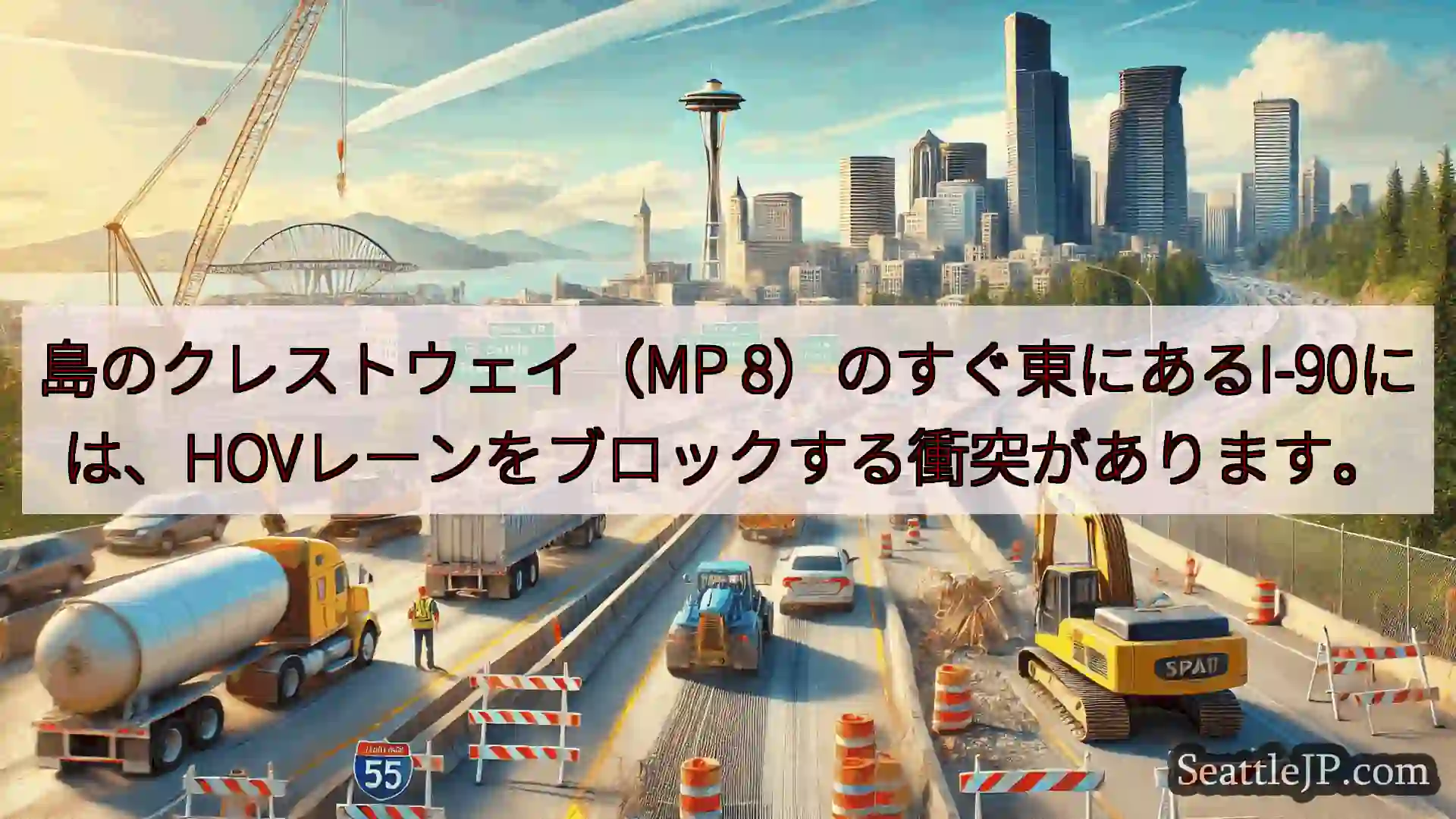 島のクレストウェイ（MP 8）のすぐ東にあるI-90には、HOVレーンをブロックする衝突があります。