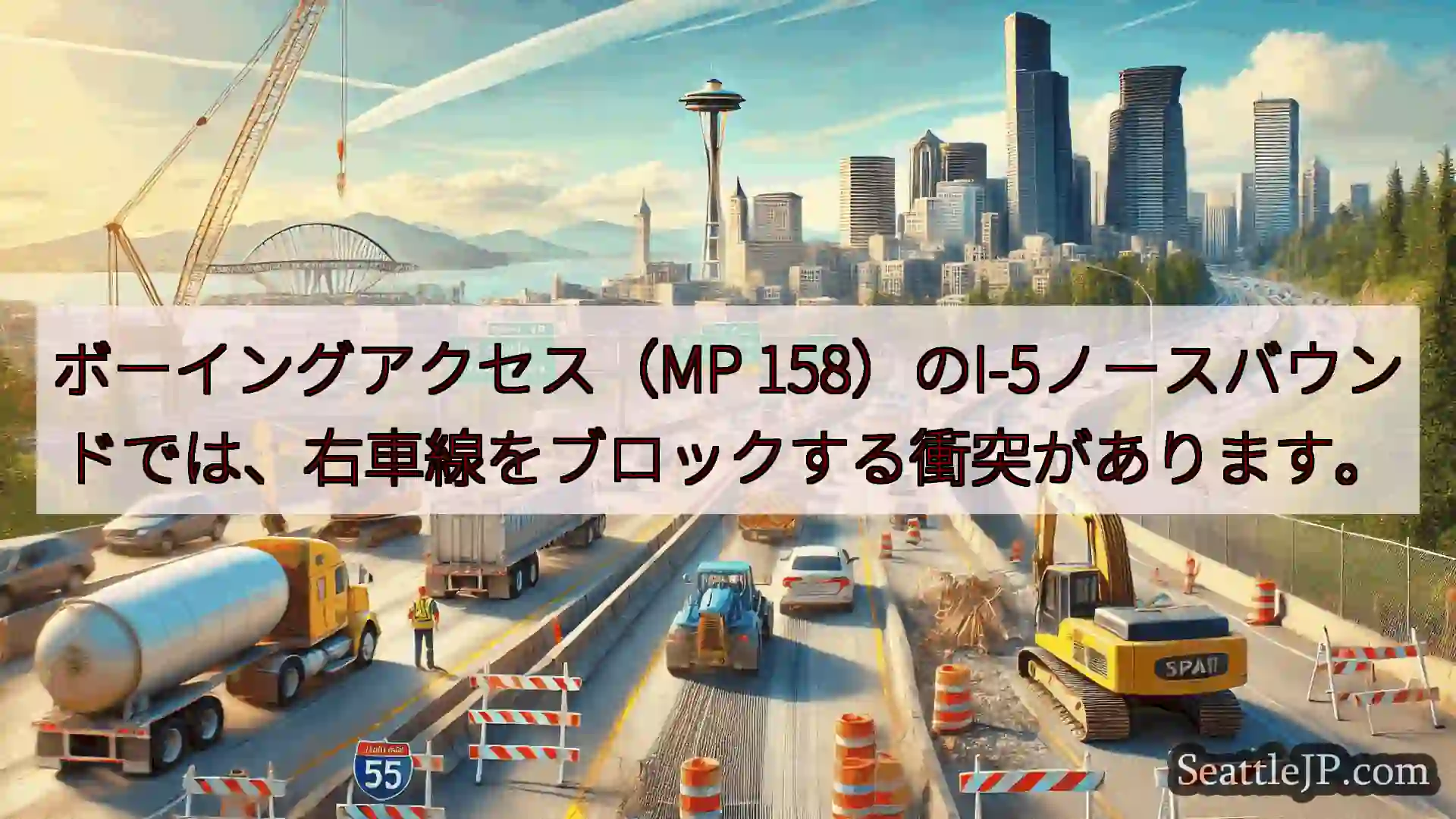 ボーイングアクセス（MP 158）のI-5ノースバウンドでは、右車線をブロックする衝突があります。