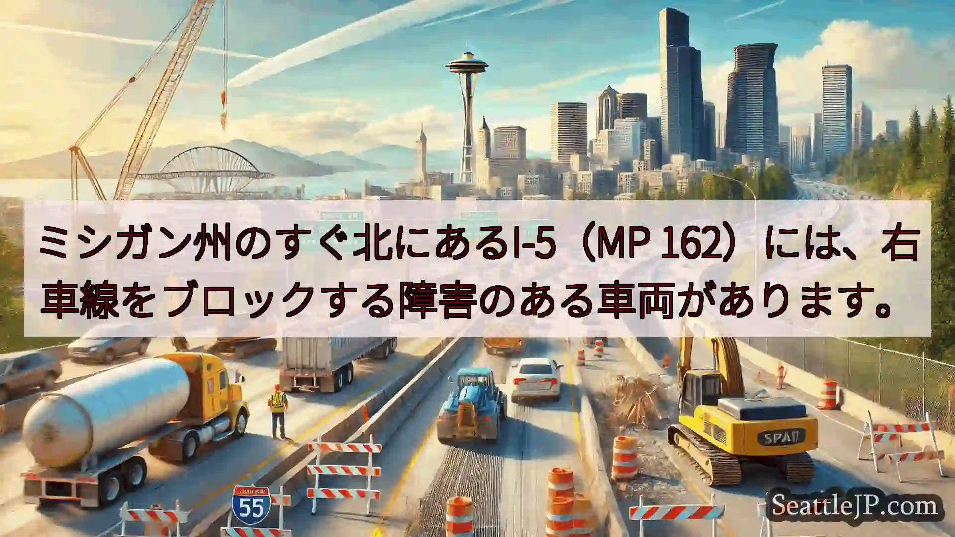 ミシガン州のすぐ北にあるI-5（MP 162）には、右車線をブロックする障害のある車両があります。