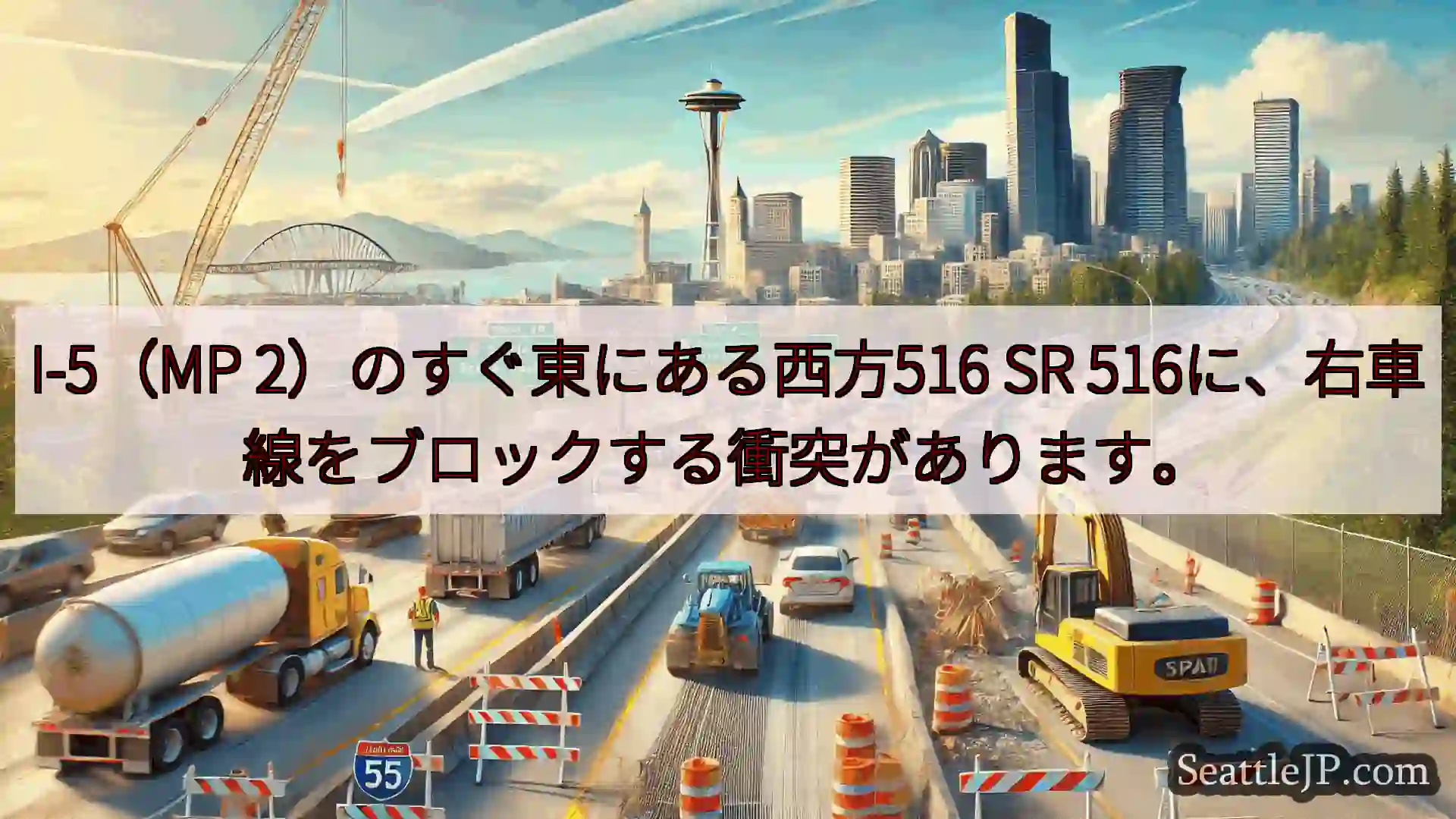 I-5（MP 2）のすぐ東にある西方516 SR 516に、右車線をブロックする衝突があります。