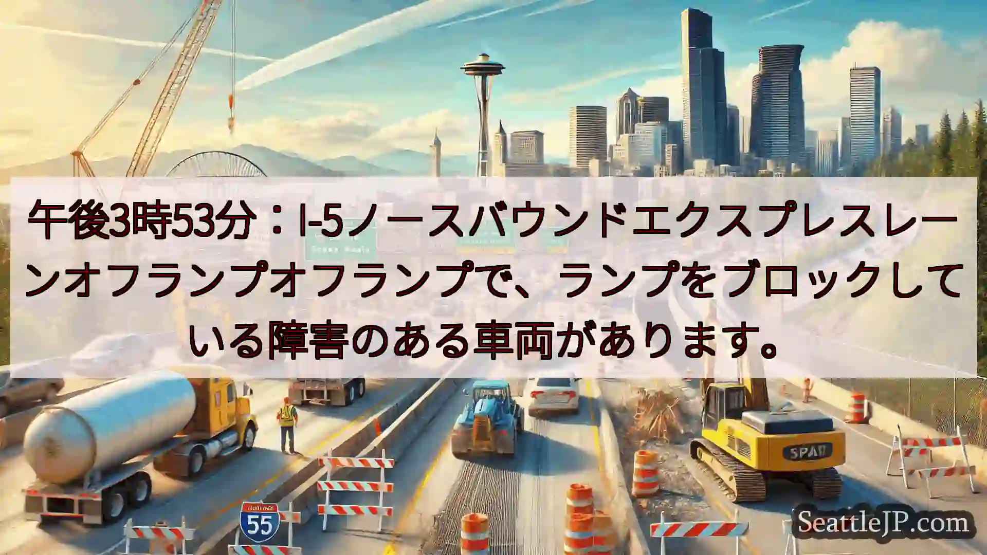 午後3時53分：I-5ノースバウンドエクスプレスレーンオフランプオフランプで、ランプをブロックしてい