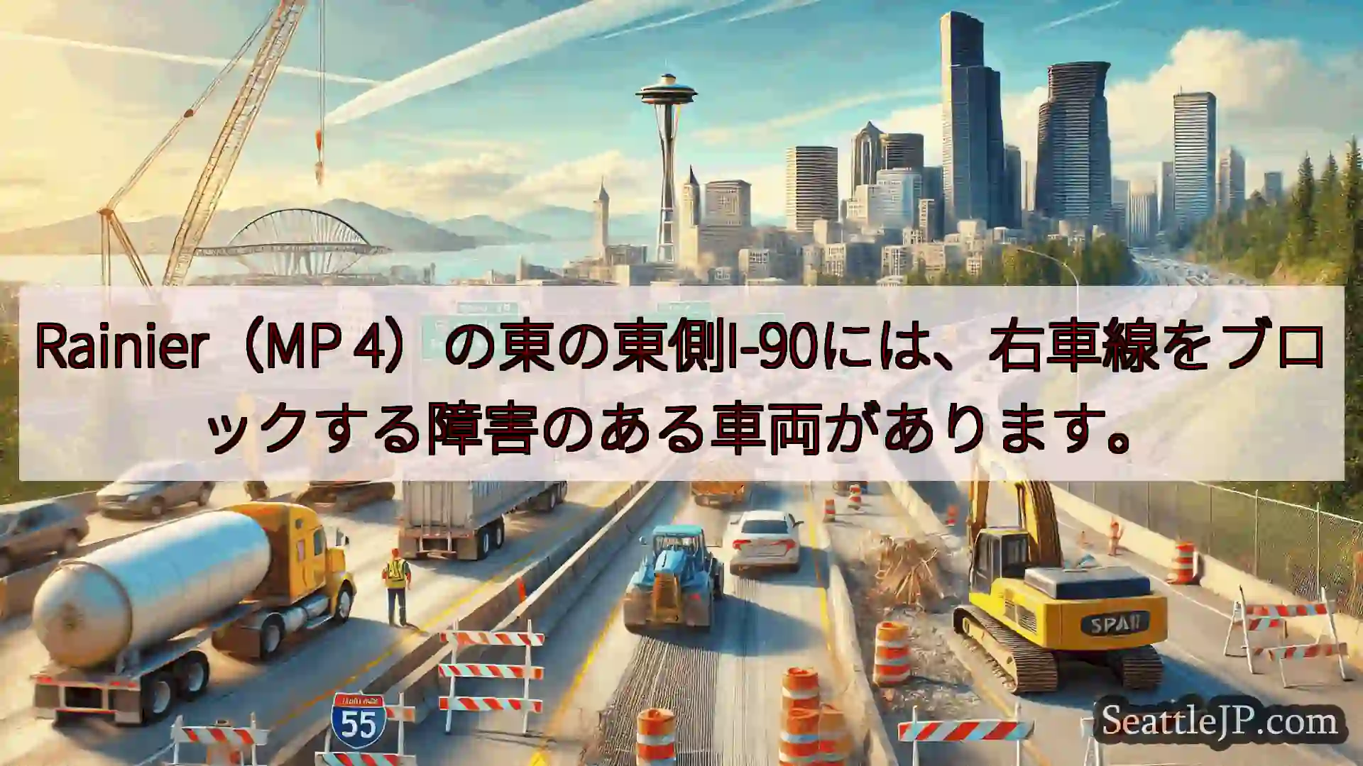 Rainier（MP 4）の東の東側I-90には、右車線をブロックする障害のある車両があります。