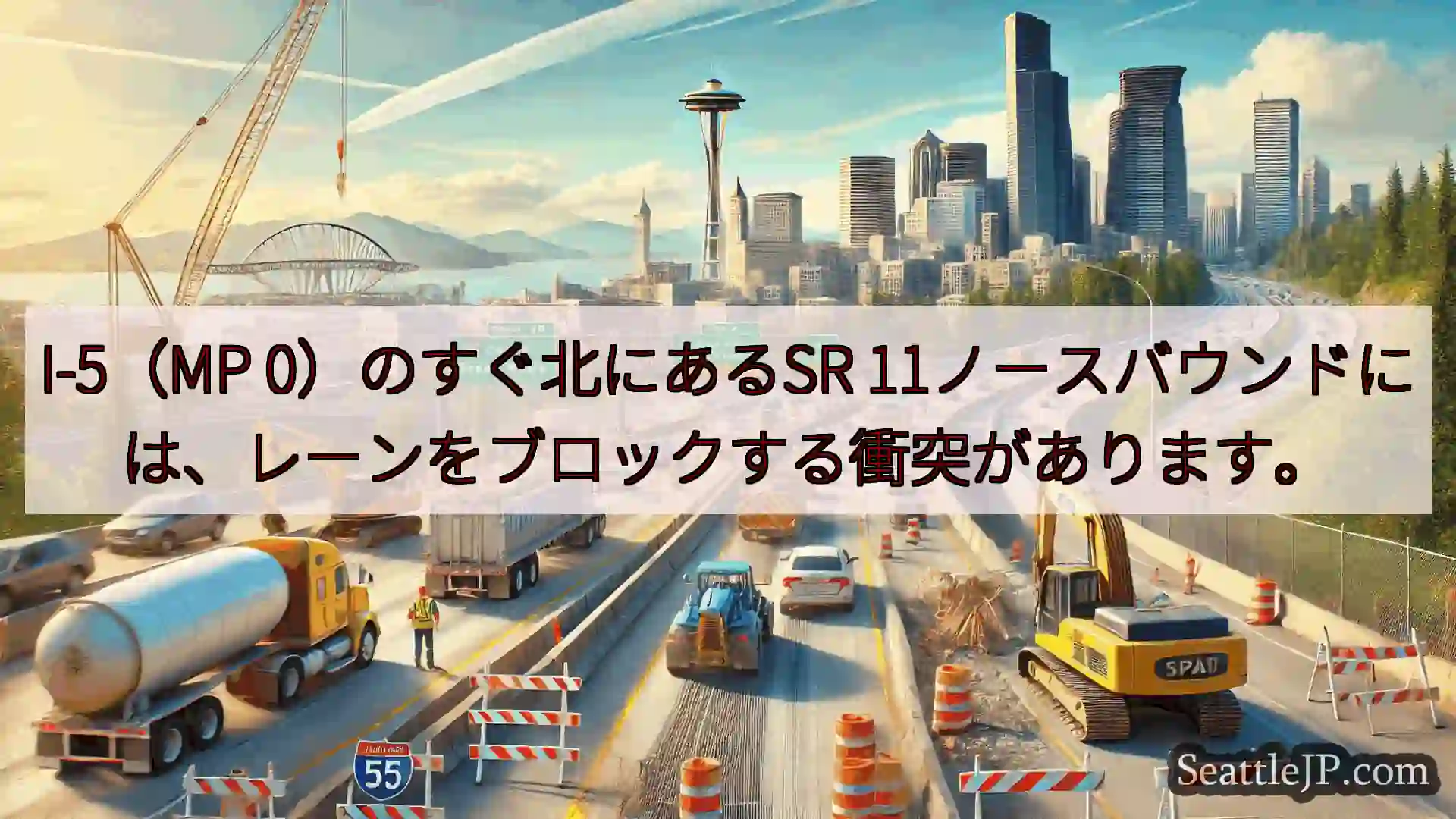 I-5（MP 0）のすぐ北にあるSR 11ノースバウンドには、レーンをブロックする衝突があります。