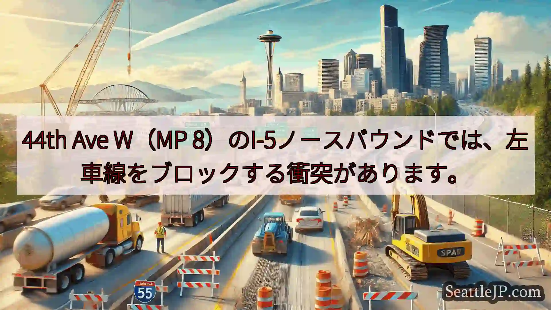 44th Ave W（MP 8）のI-5ノースバウンドでは、左車線をブロックする衝突があります。