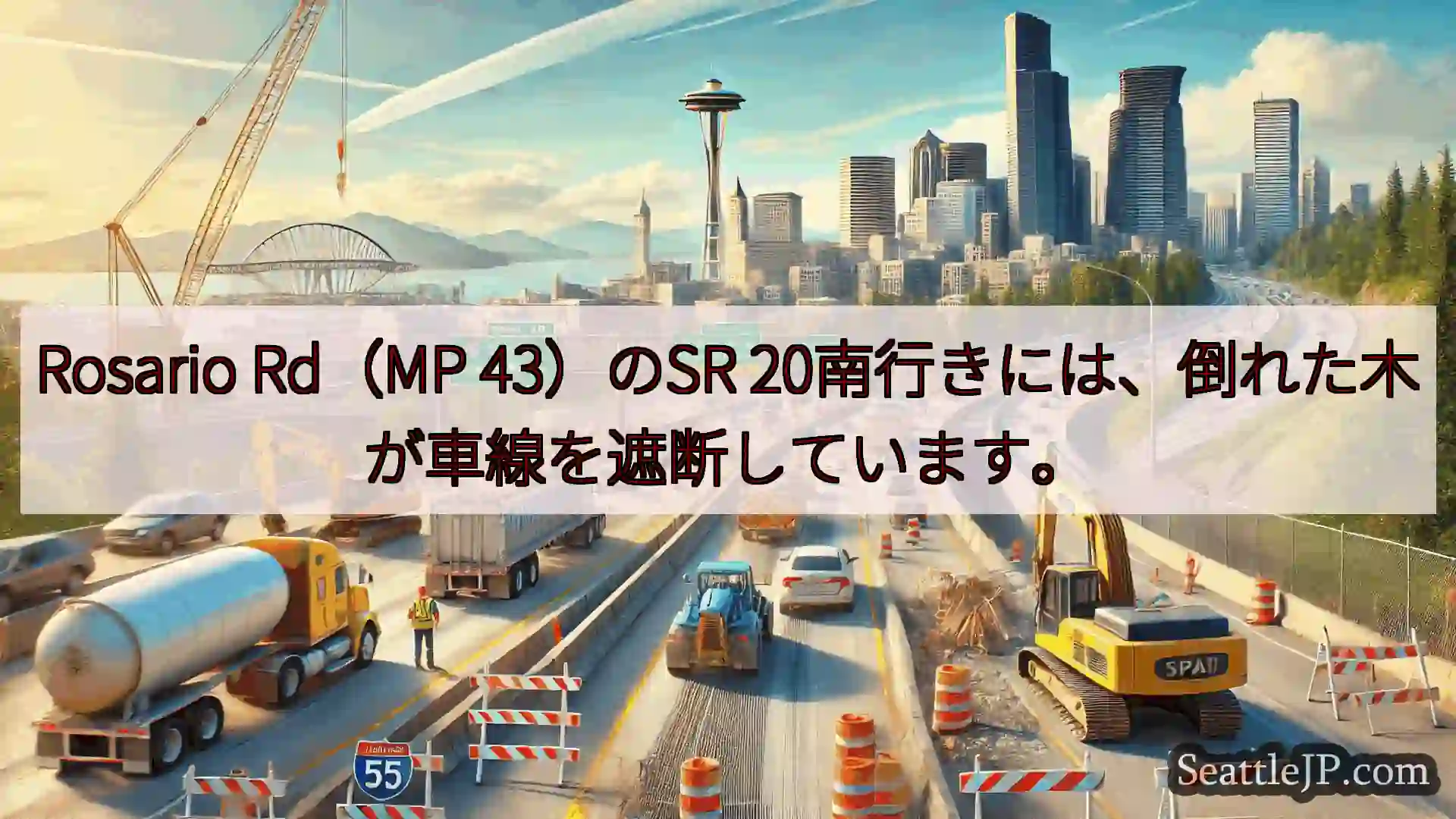 Rosario Rd（MP 43）のSR 20南行きには、倒れた木が車線を遮断しています。