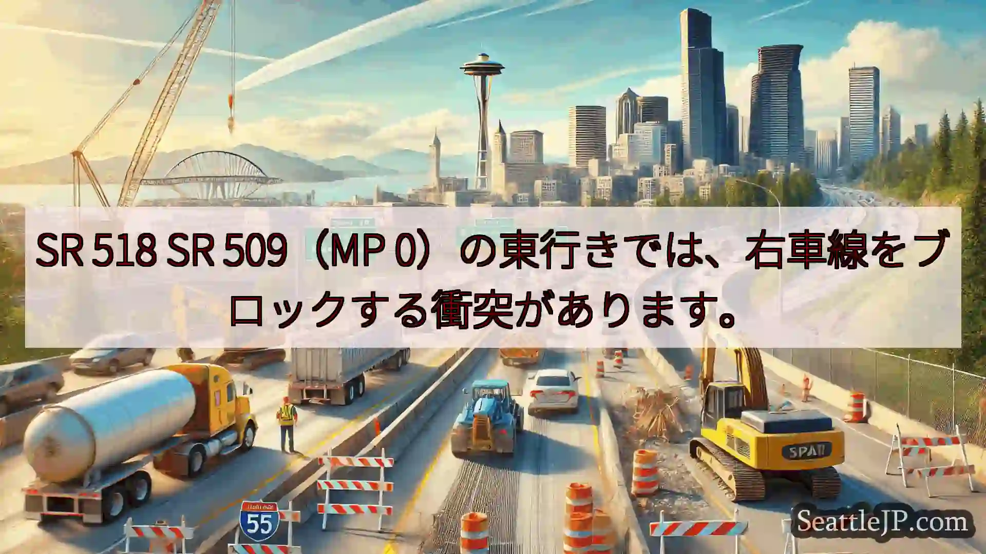 SR 518 SR 509（MP 0）の東行きでは、右車線をブロックする衝突があります。