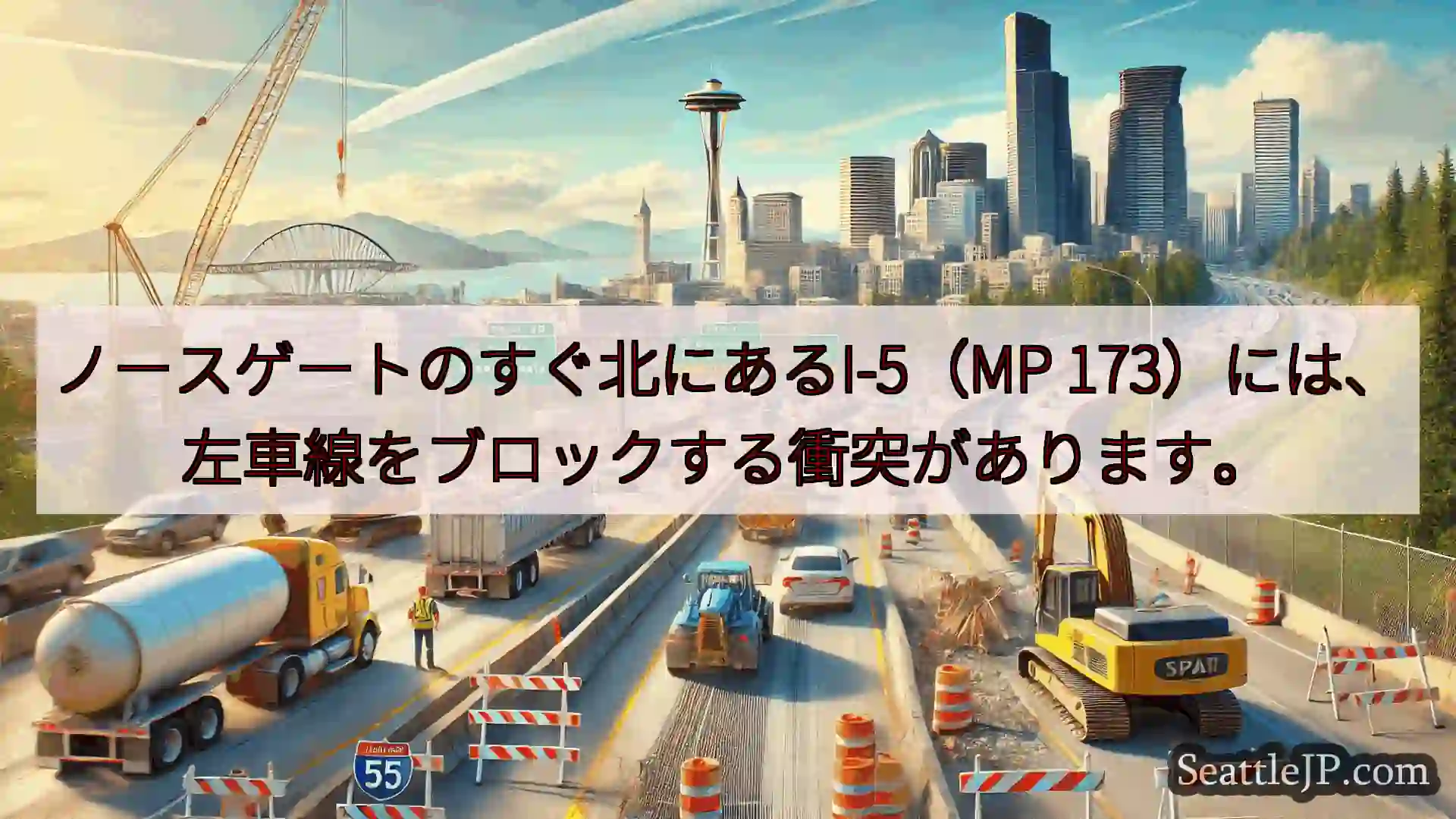 ノースゲートのすぐ北にあるI-5（MP 173）には、左車線をブロックする衝突があります。