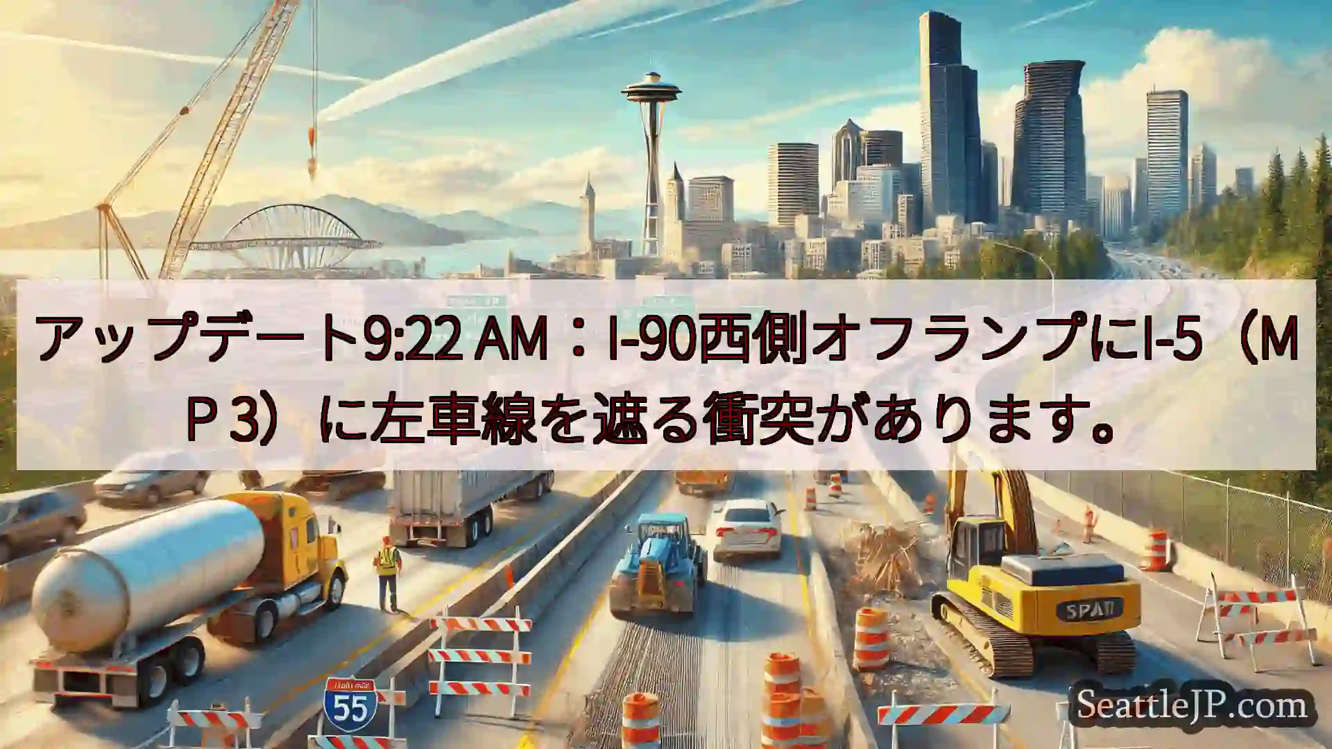 アップデート9:22 AM：I-90西側オフランプにI-5（MP 3）に左車線を遮る衝突があります。