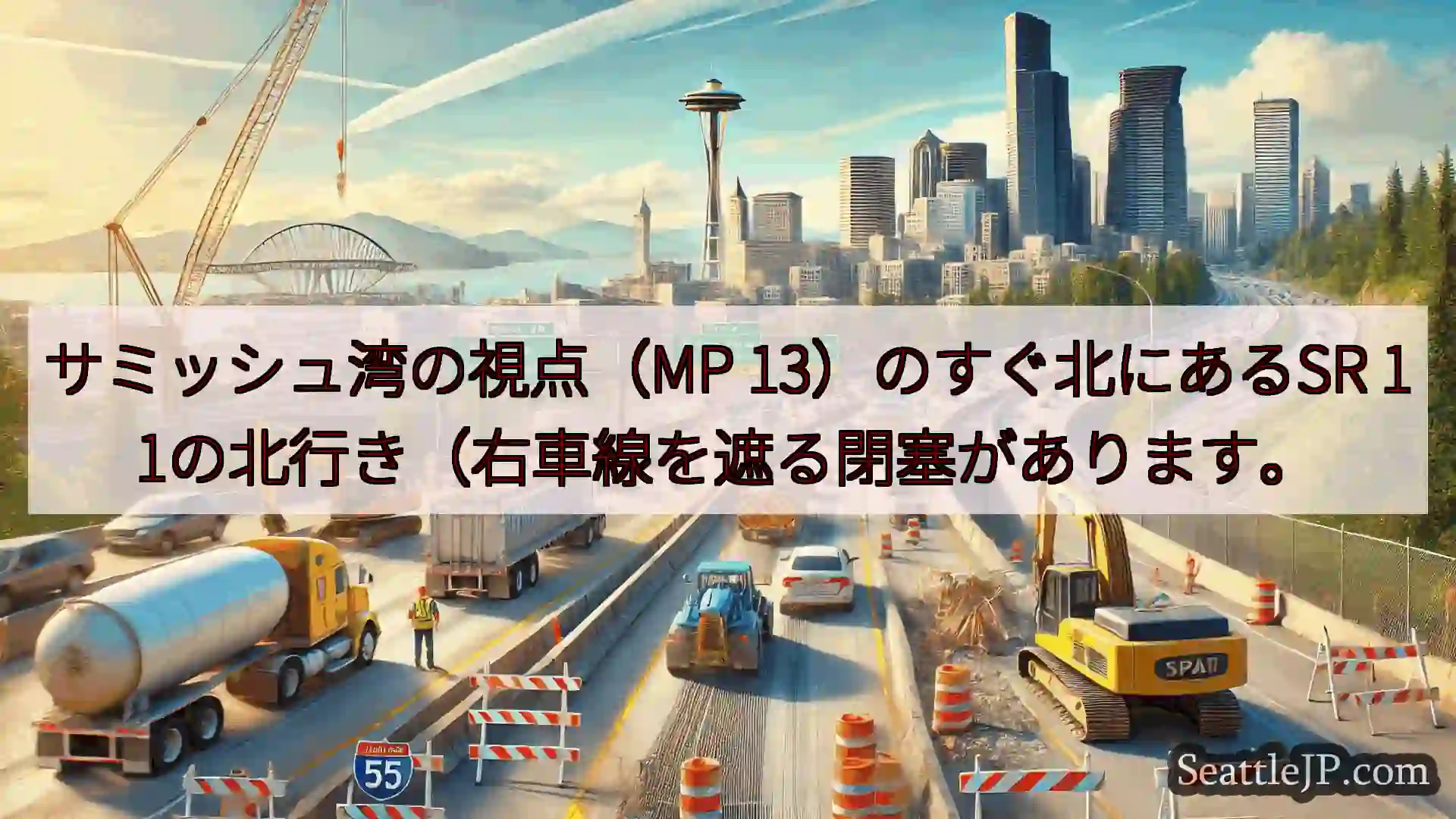 サミッシュ湾の視点（MP 13）のすぐ北にあるSR 11の北行き（右車線を遮る閉塞があります。