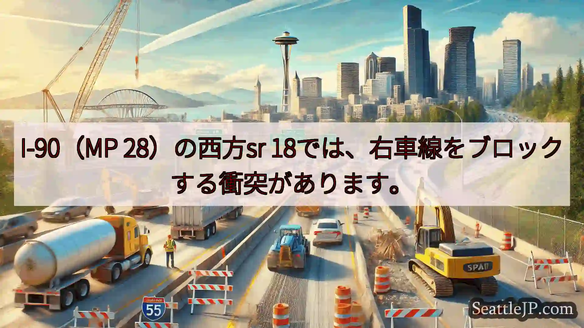 I-90（MP 28）の西方sr 18では、右車線をブロックする衝突があります。