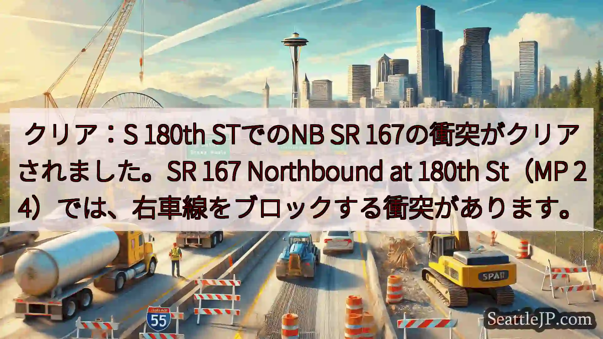 クリア：S 180th STでのNB SR 167の衝突がクリアされました。SR 167
