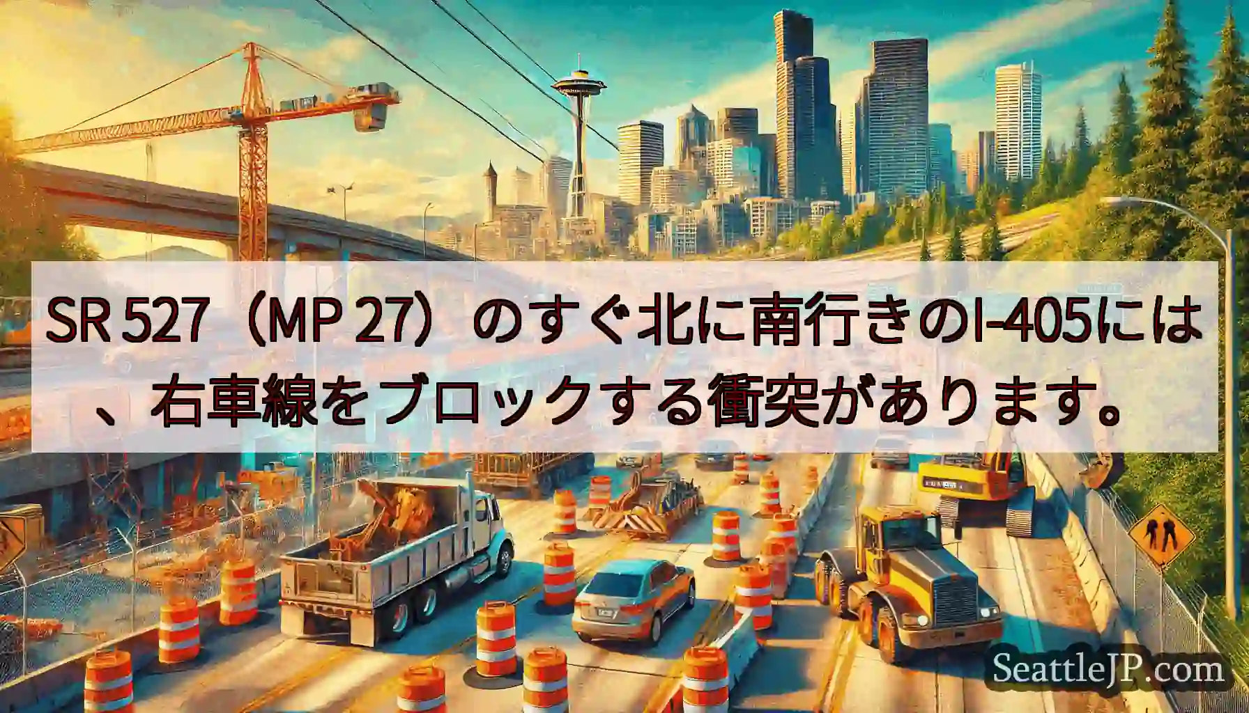 SR 527（MP 27）のすぐ北に南行きのI-405には、右車線をブロックする衝突があります。