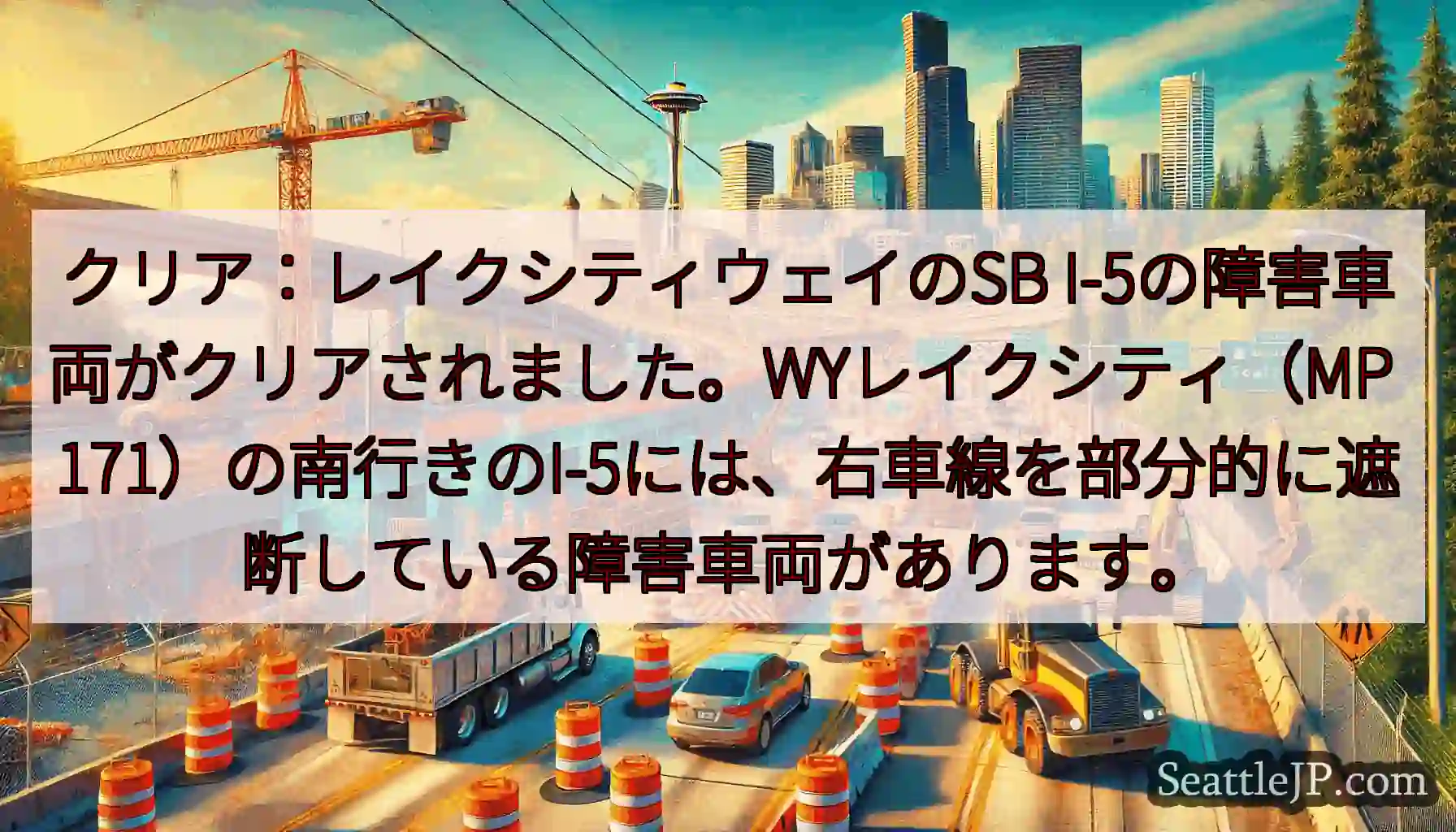 クリア：レイクシティウェイのSB I-5の障害車両がクリアされました。WYレイクシティ（MP