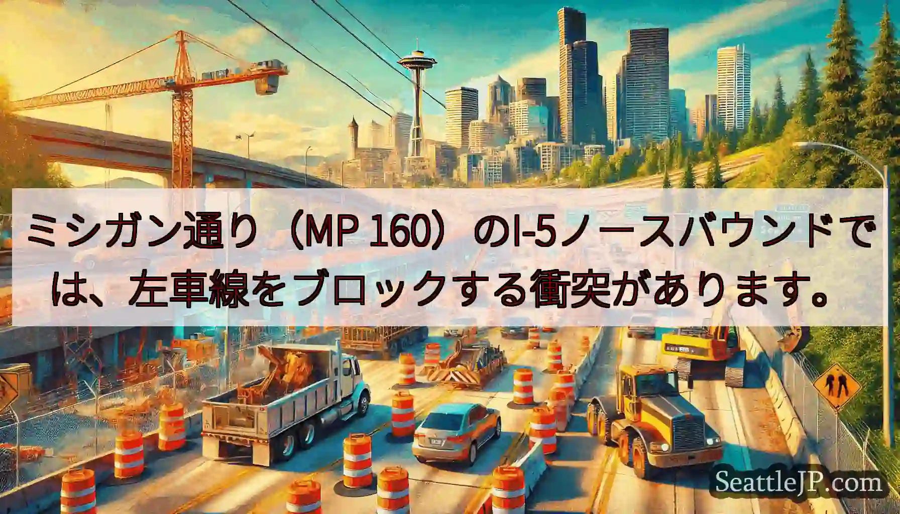 ミシガン通り（MP 160）のI-5ノースバウンドでは、左車線をブロックする衝突があります。