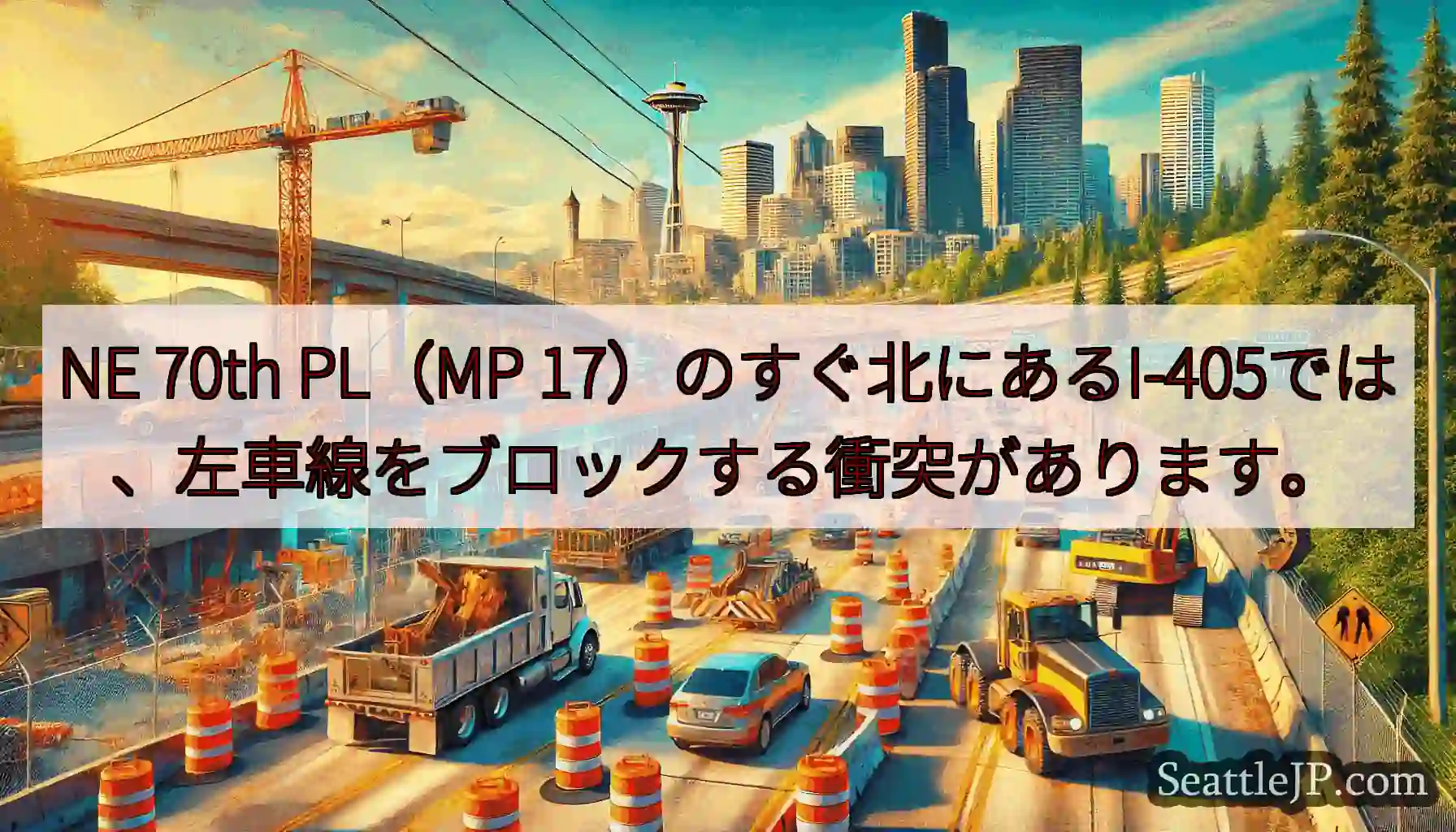 NE 70th PL（MP 17）のすぐ北にあるI-405では、左車線をブロックする衝突があります。