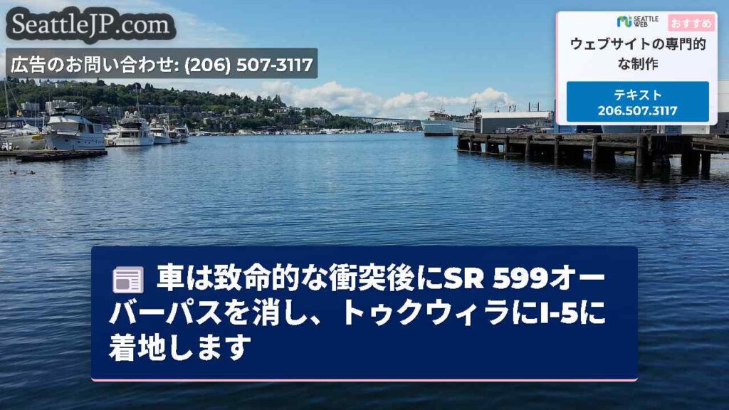 車は致命的な衝突後にSR 599オーバーパスを消し、トゥクウィラにI-5に着地します