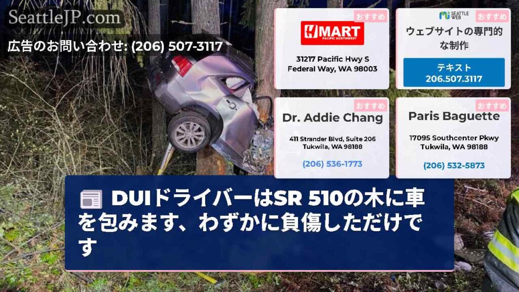 DUIドライバーはSR 510の木に車を包みます、わずかに負傷しただけです