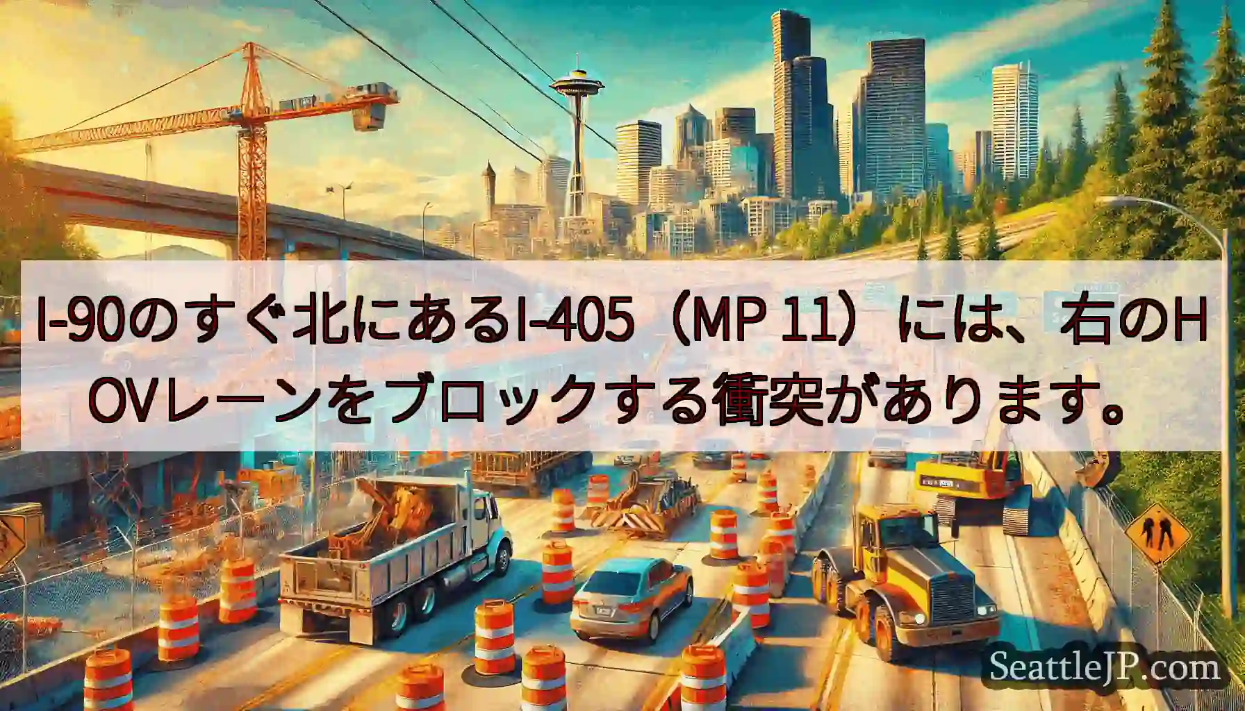 I-90のすぐ北にあるI-405（MP 11）には、右のHOVレーンをブロックする衝突があります。