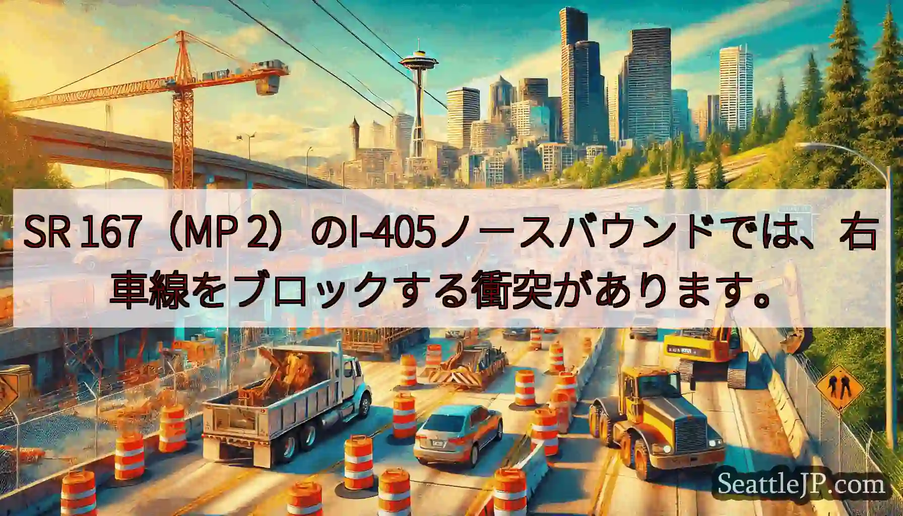 SR 167（MP 2）のI-405ノースバウンドでは、右車線をブロックする衝突があります。