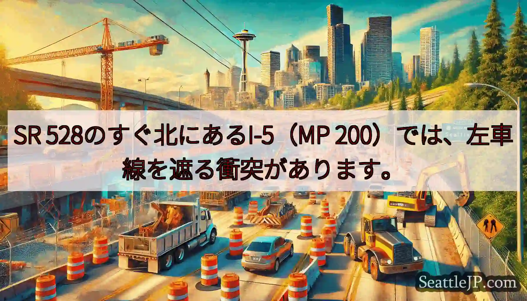 SR 528のすぐ北にあるI-5（MP 200）では、左車線を遮る衝突があります。