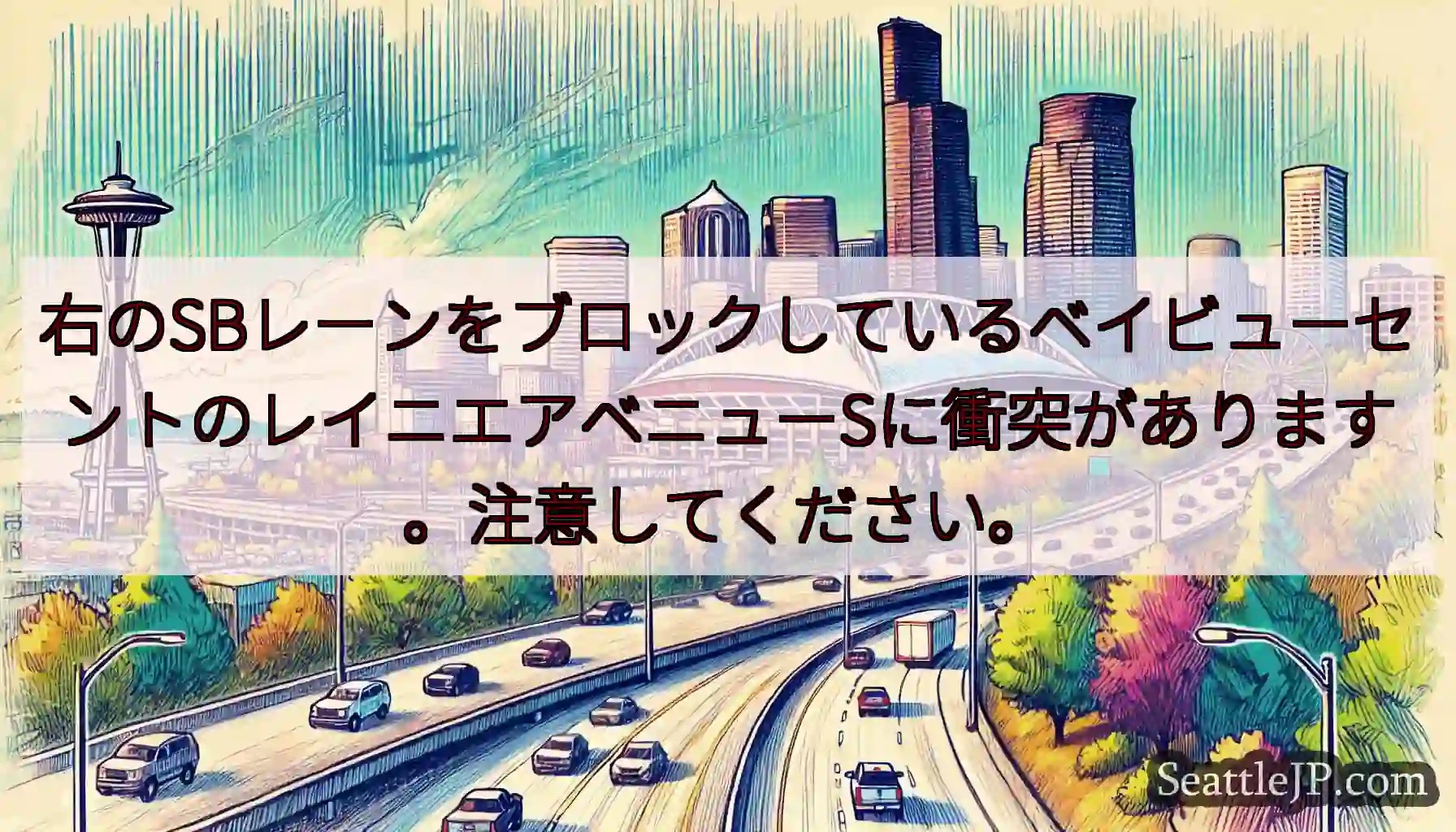 右のSBレーンをブロックしているベイビューセントのレイニエアベニューSに衝突があります。注意してくだ