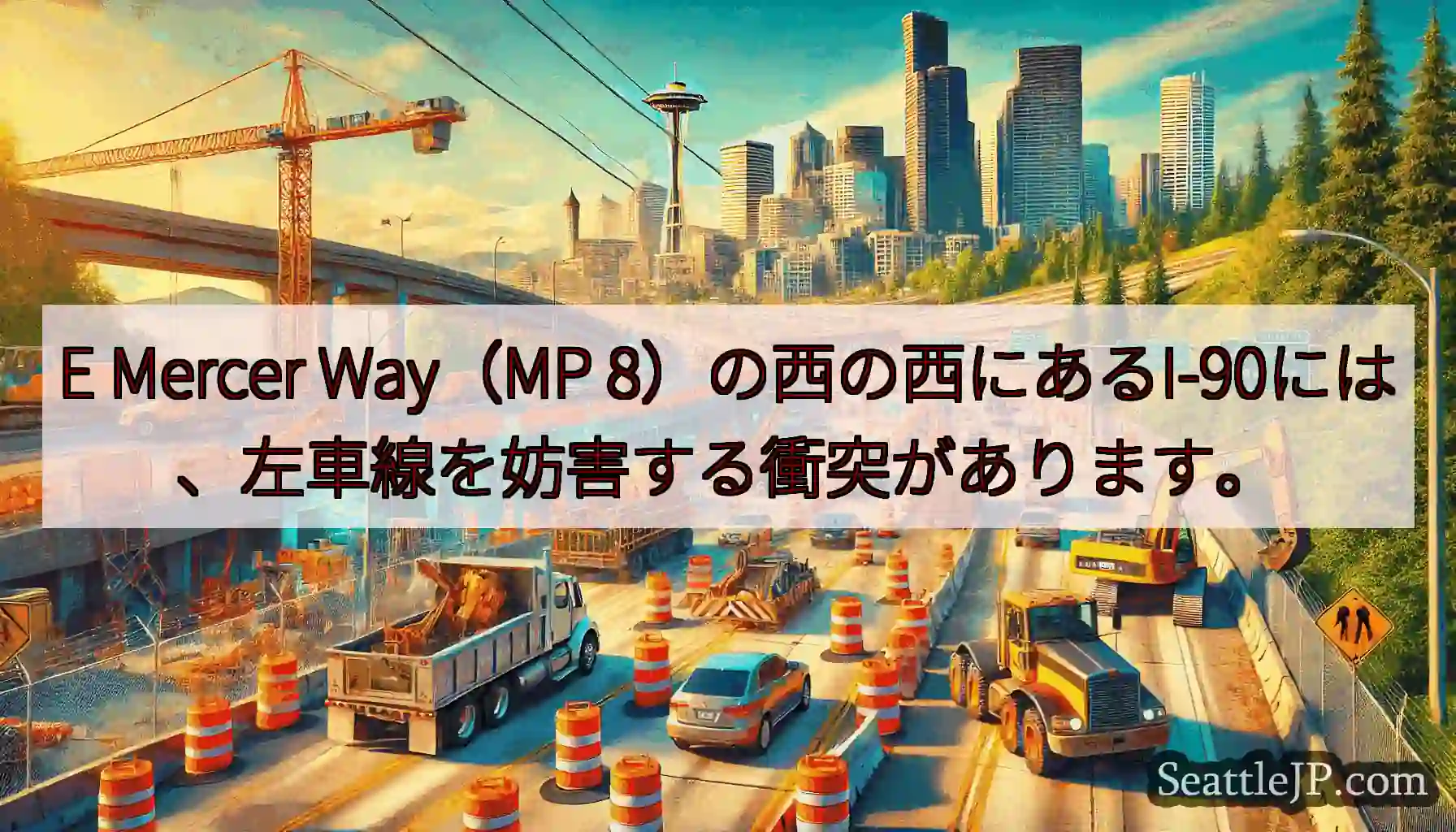 E Mercer Way（MP 8）の西の西にあるI-90には、左車線を妨害する衝突があります。