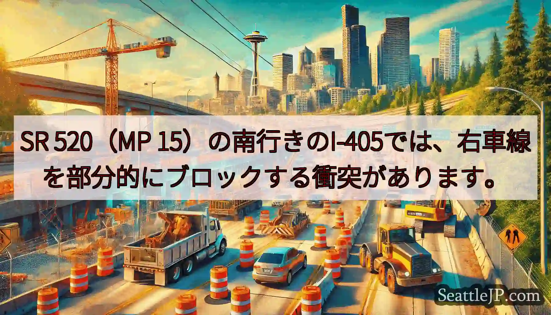 SR 520（MP 15）の南行きのI-405では、右車線を部分的にブロックする衝突があります。