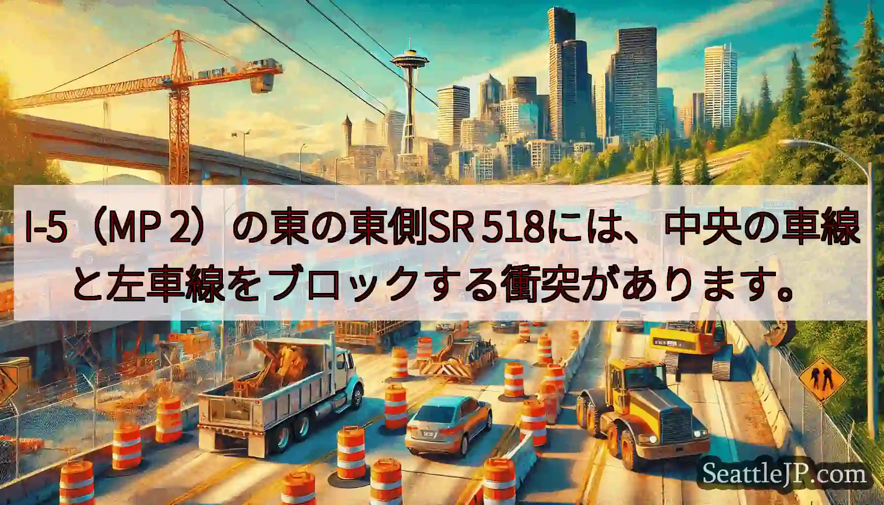 I-5（MP 2）の東の東側SR 518には、中央の車線と左車線をブロックする衝突があります。