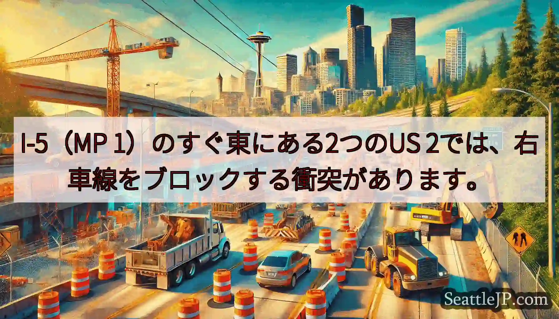 I-5（MP 1）のすぐ東にある2つのUS 2では、右車線をブロックする衝突があります。