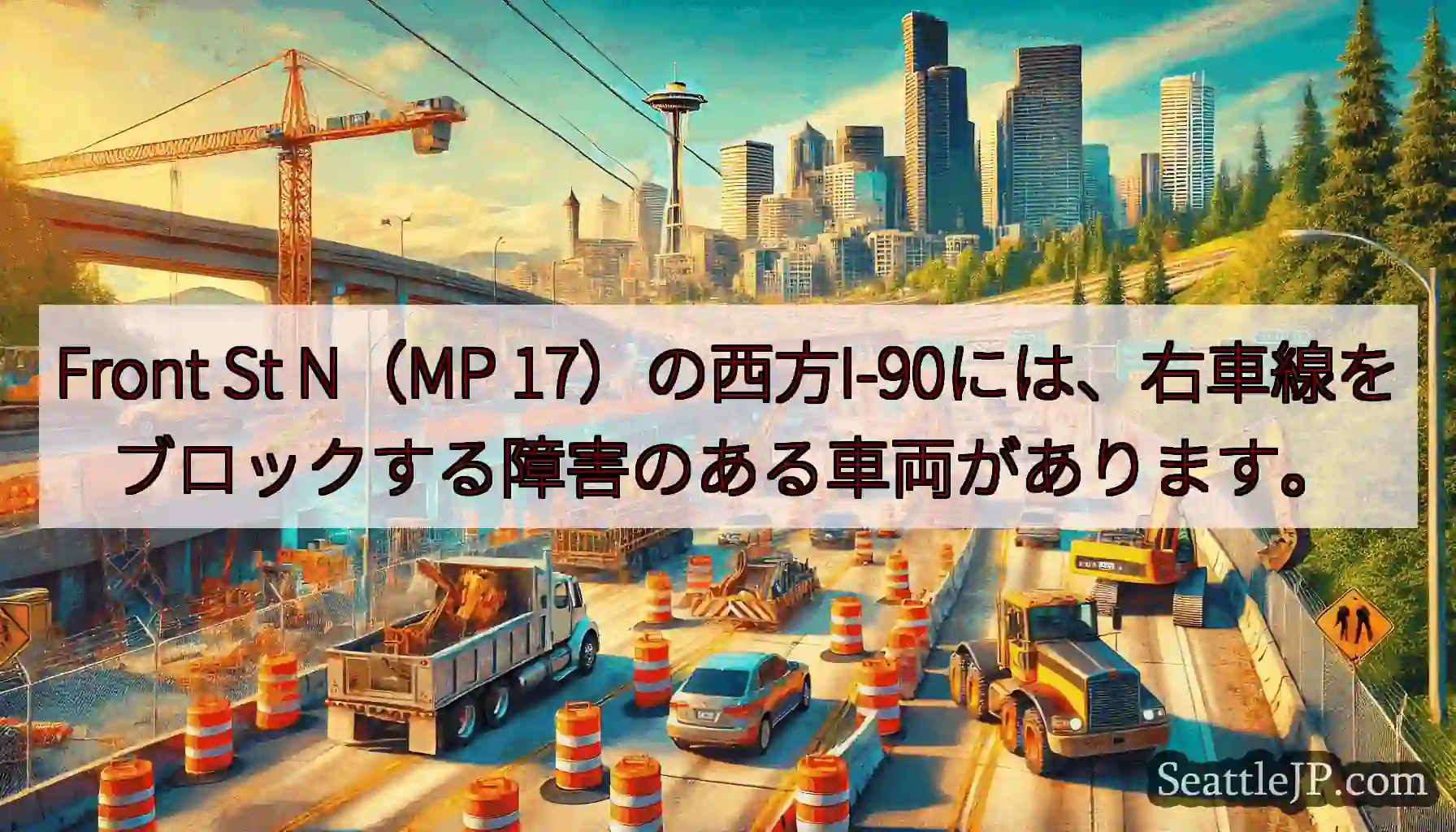 Front St N（MP 17）の西方I-90には、右車線をブロックする障害のある車両があります。