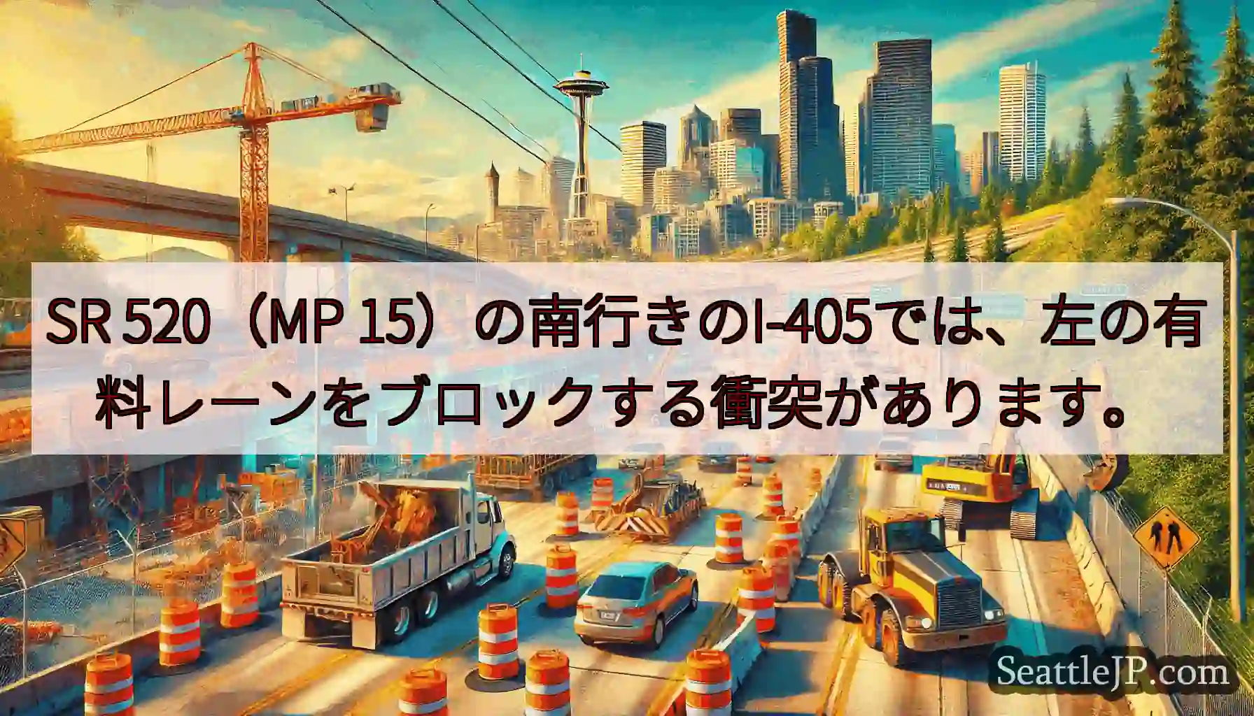 SR 520（MP 15）の南行きのI-405では、左の有料レーンをブロックする衝突があります。