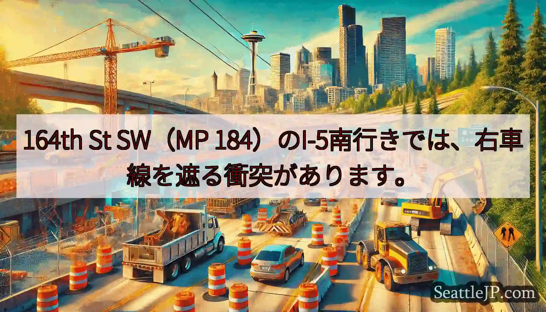 164th St SW（MP 184）のI-5南行きでは、右車線を遮る衝突があります。