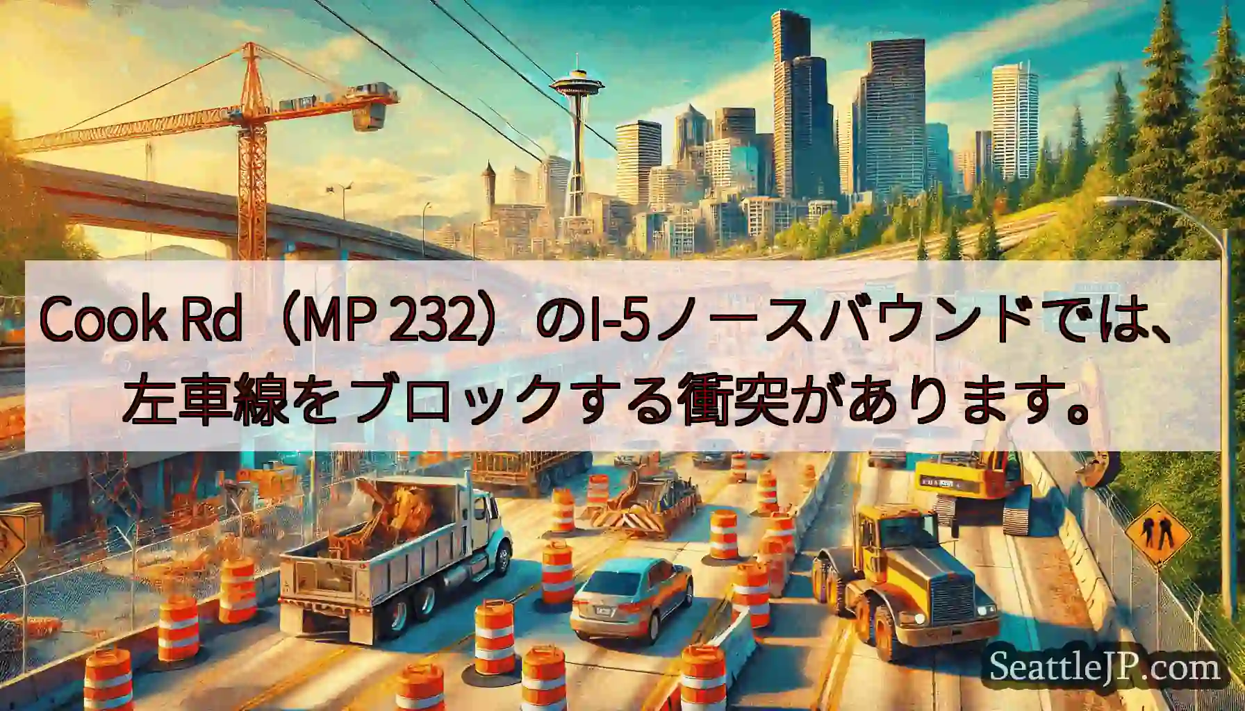 Cook Rd（MP 232）のI-5ノースバウンドでは、左車線をブロックする衝突があります。