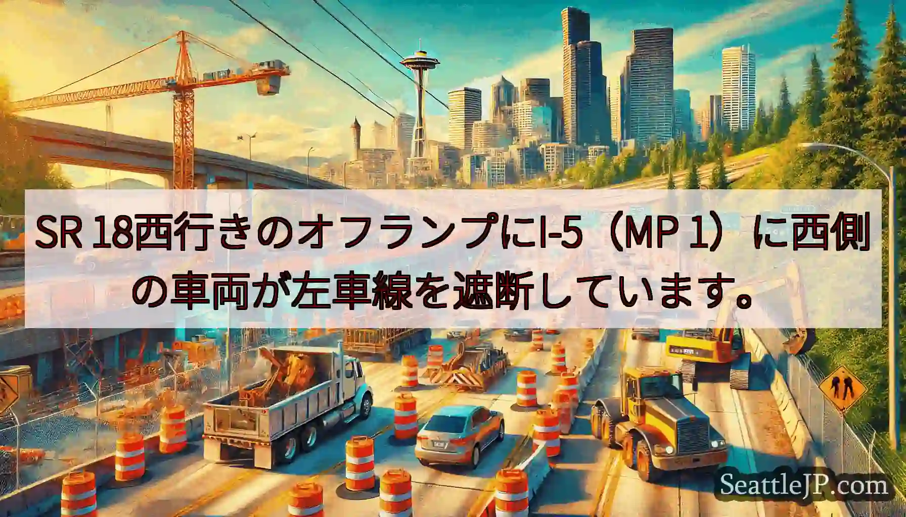 SR 18西行きのオフランプにI-5（MP 1）に西側の車両が左車線を遮断しています。