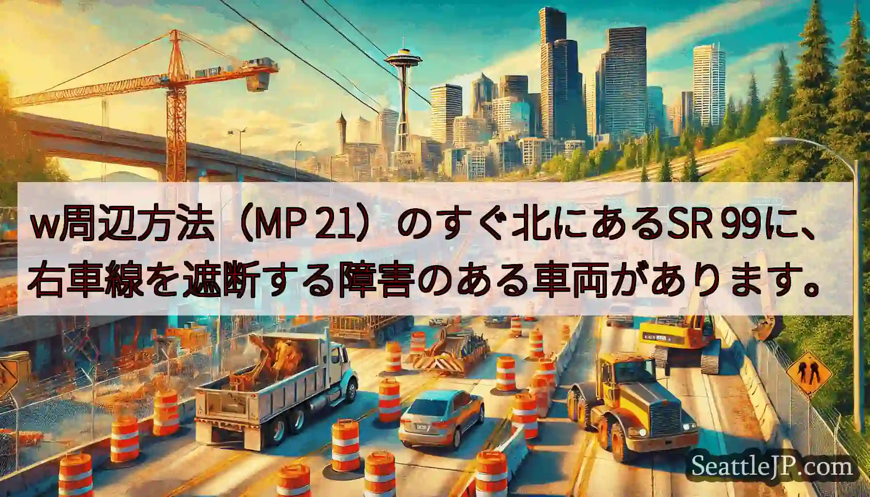 w周辺方法（MP 21）のすぐ北にあるSR 99に、右車線を遮断する障害のある車両があります。