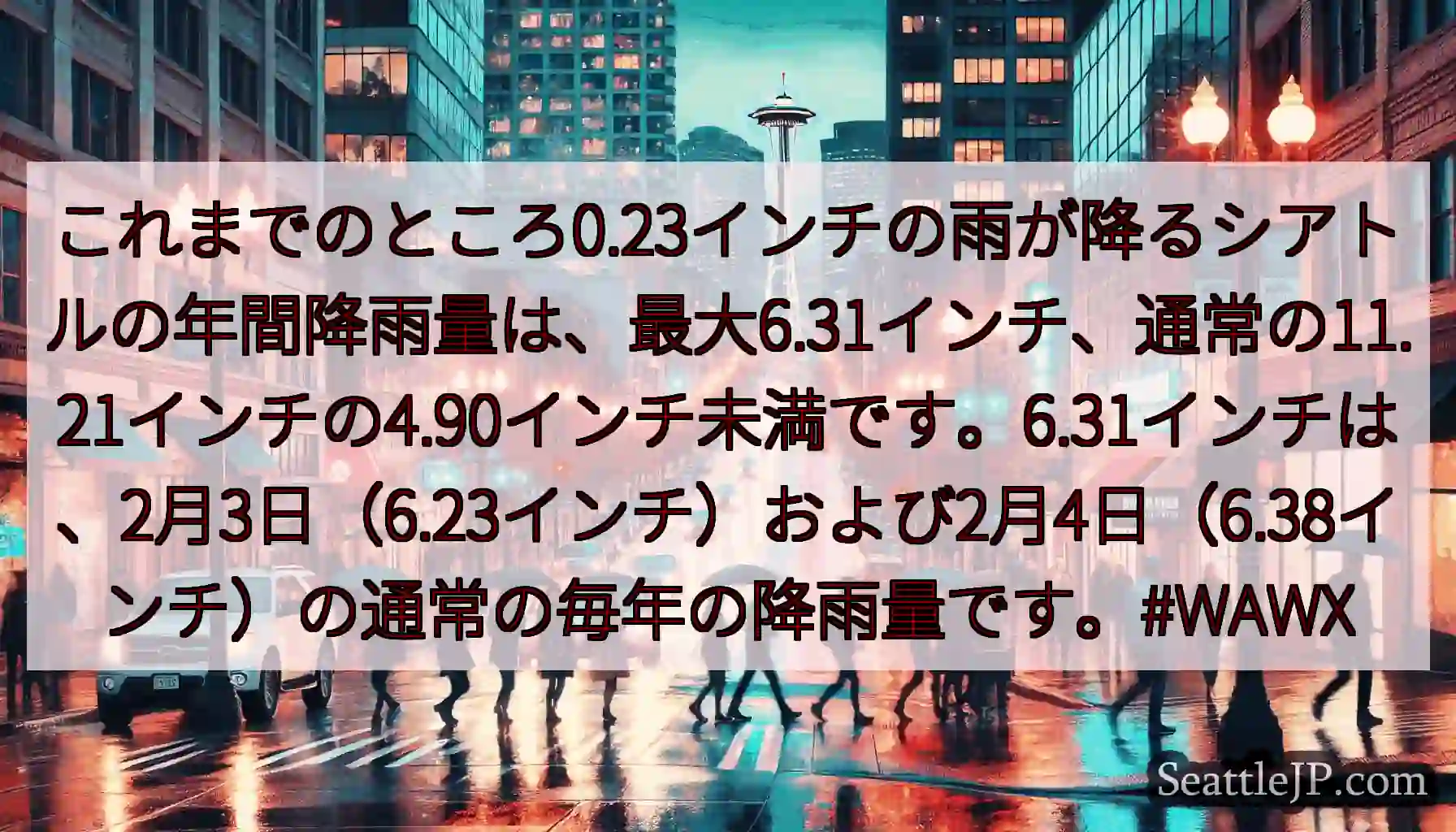 これまでのところ0.23インチの雨が降るシアトルの年間降雨量は、最大6.31インチ、通常の11.21