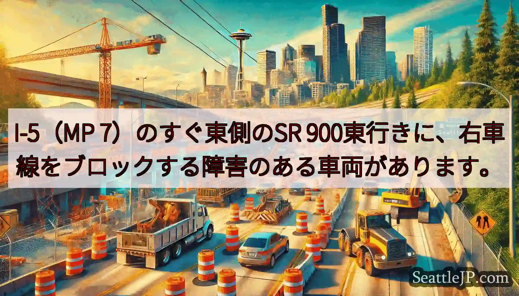 I-5（MP 7）のすぐ東側のSR 900東行きに、右車線をブロックする障害のある車両があります。