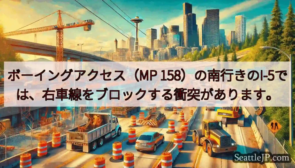 ボーイングアクセス（MP 158）の南行きのI-5では、右車線をブロックする衝突があります。